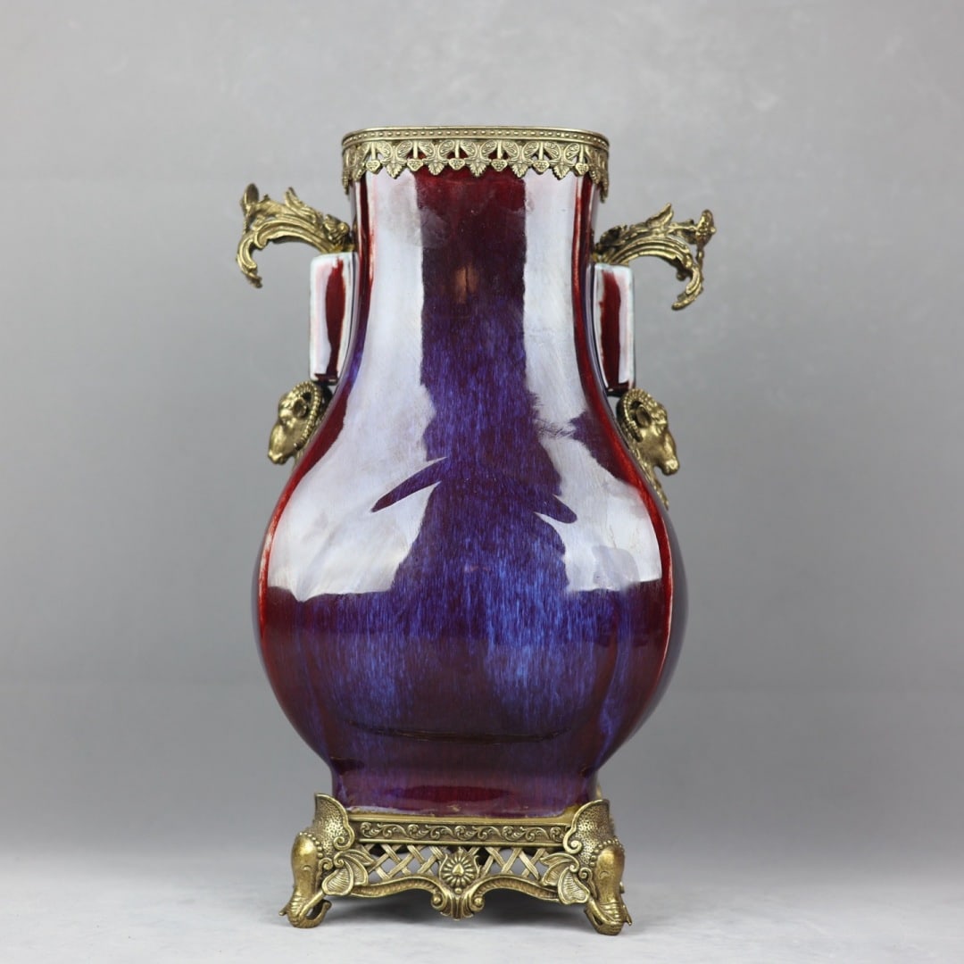 An Exquisite Flambe Glazed Inlaid Bronze Double-Ears Vase: An Exquisite Flambe Glazed Inlaid Bronze Double-Ears Vase Qing Dynasty, China Yongzheng Six-character Mark Size:43.5cmx27cm (The Dimensions Of All Batches Are Manually Measured.If You Need More Detail