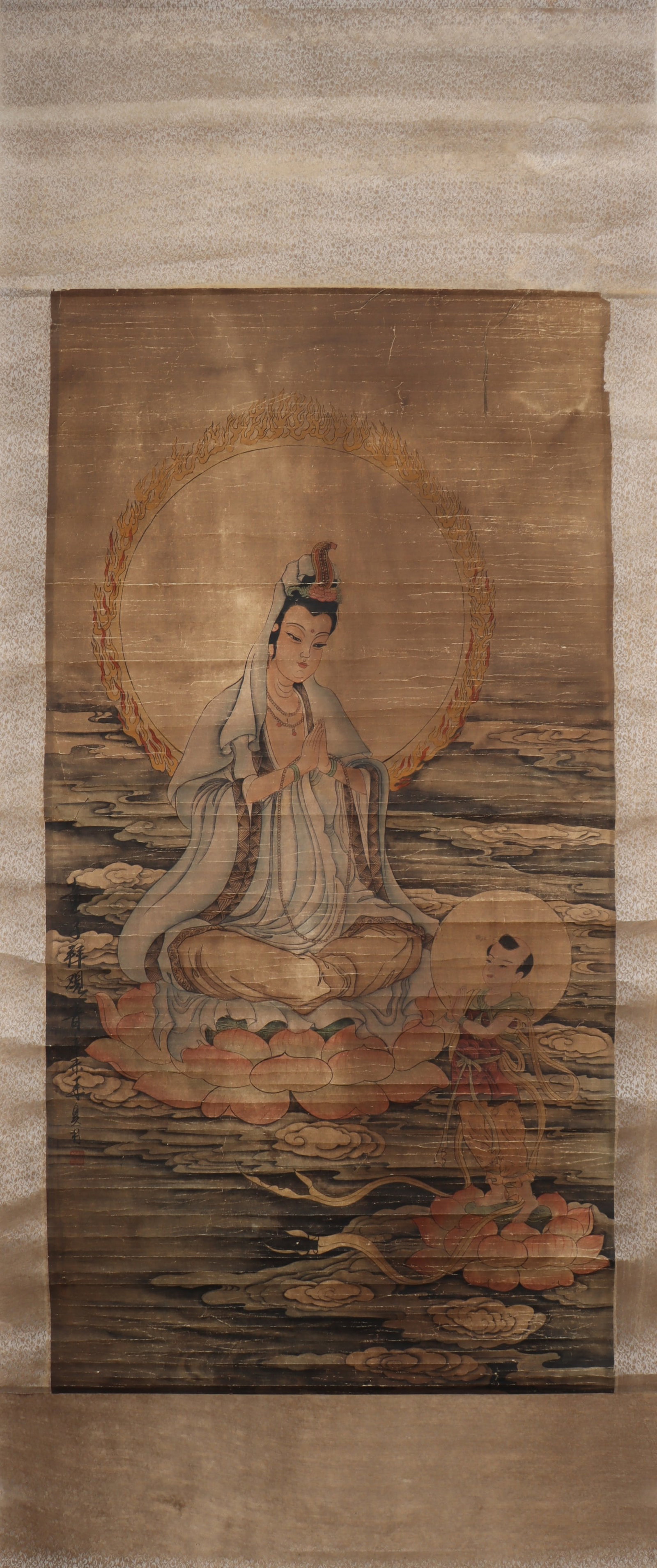 A Chinese Vertical Scroll Ink Painting of Statue of Avalokitesvara on Paper: A Chinese Vertical Scroll Ink Painting of Statue of Avalokitesvara on Paper Yi ming Size:127cmx64cm (The Dimensions Of All Batches Are Manually Measured.If You Need More Detailed Information, Please C