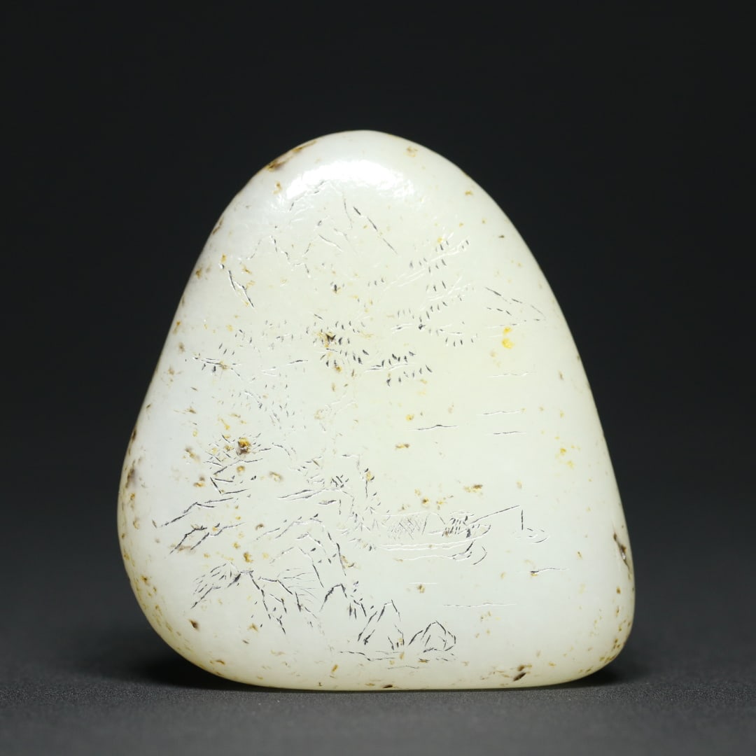 An Exquisite White Jade Landscape and Figure Pattern with poem Ornament: An Exquisite White Jade Landscape and Figure Pattern with poem Ornament Qing Dynasty, China Size:6.5cmx5.9cmx1.9cm Weight:117.3g (The Dimensions Of All Batches Are Manually Measured.If You Need More D