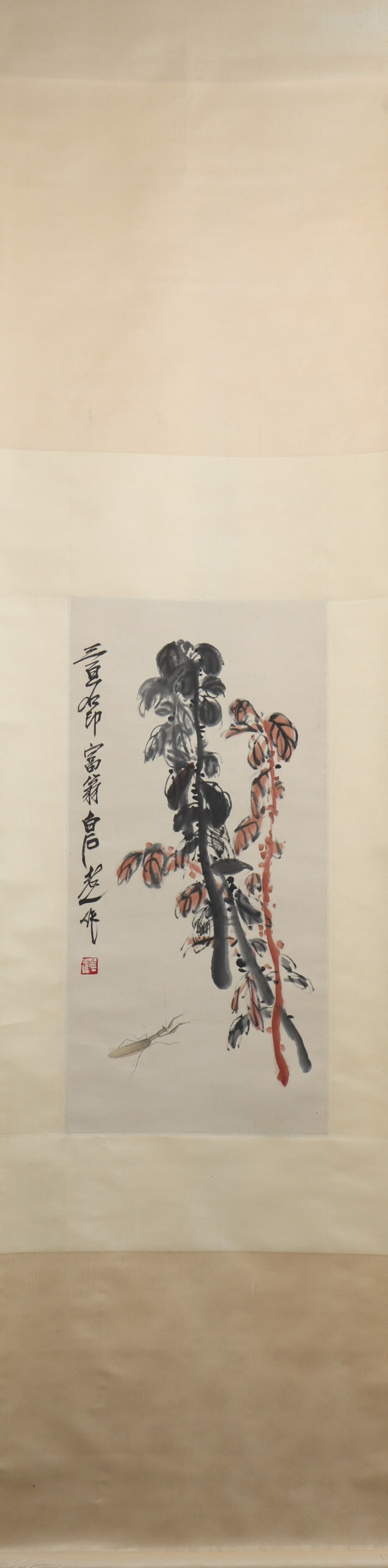 A Chinese Vertical Scroll Ink Painting of Flower on Paper: A Chinese Vertical Scroll Ink Painting of Flower on Paper Qi baishi Size:65cmx32cm (The Dimensions Of All Batches Are Manually Measured.If You Need More Detailed Information, Please Contact Our Custom