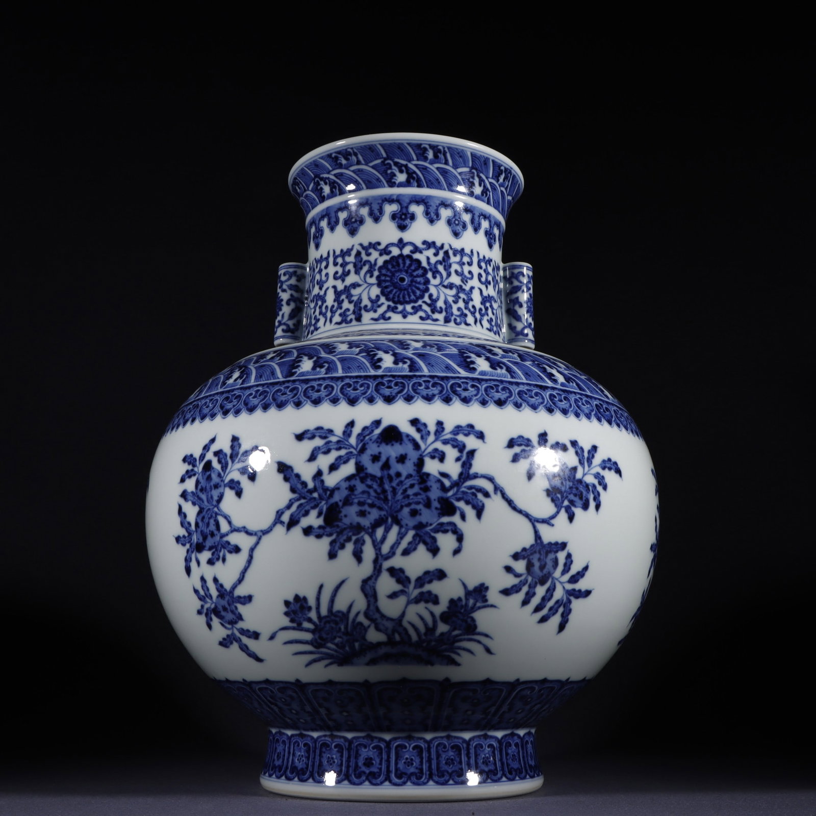 An Exquisite Blue and White Lotus Pattern Flower and Fruit Pattern Seawater Pattern Double-Ears Vase: An Exquisite Blue and White Lotus Pattern Flower and Fruit Pattern Seawater Pattern Double-Ears Vase Qing Dynasty, China Qianlong Six-character Mark Size:36.5cmx29cm (The Dimensions Of All Batches Are