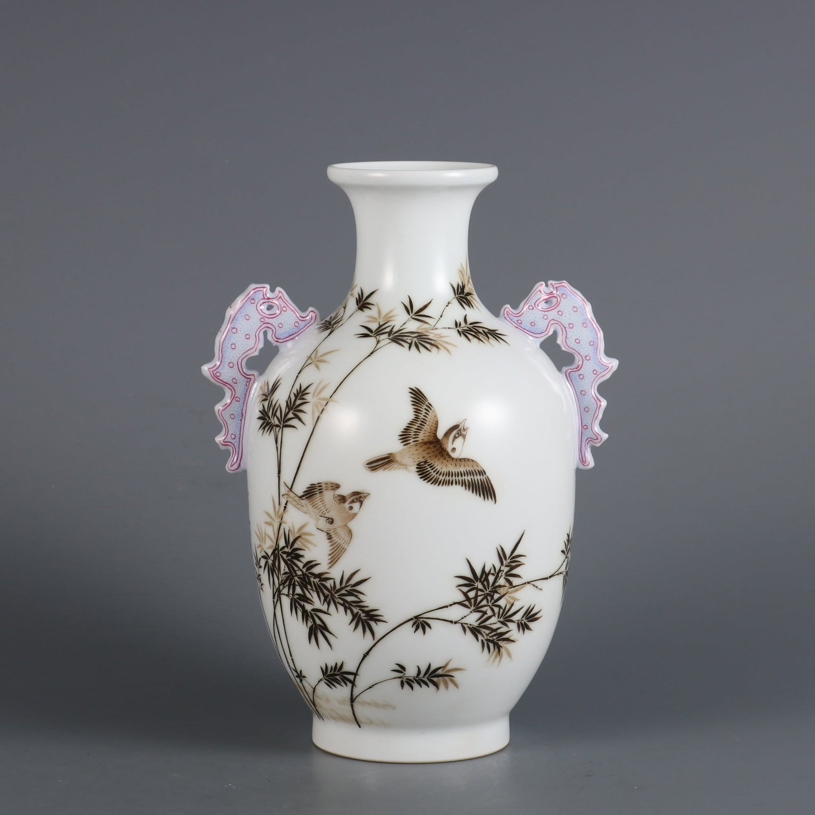 An Exquisite Ink Color Flower and Bird Pattern with poem Double-Ears Vase: An Exquisite Ink Color Flower and Bird Pattern with poem Double-Ears Vase Qing Dynasty, China Qianlong Four-character Mark Size:19.8cmx11cm (The Dimensions Of All Batches Are Manually Measured.If You 