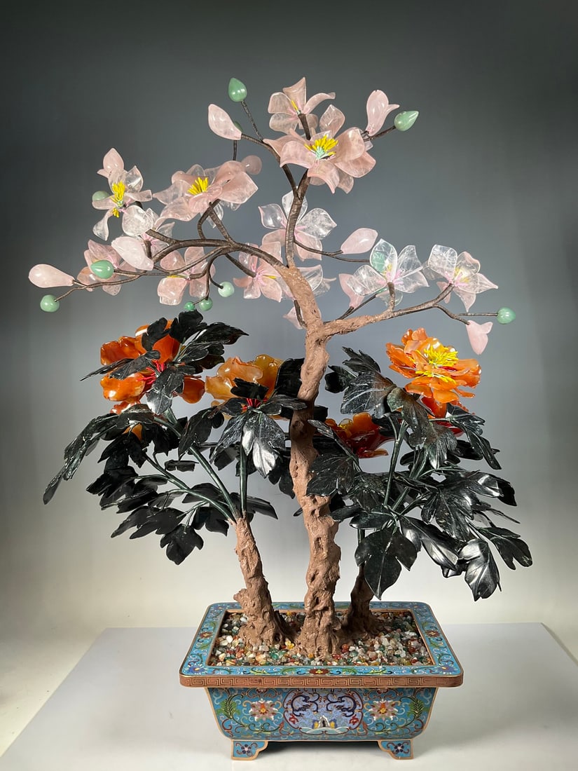An Exquisite Cloisonne Inlaid Gems Flower Pattern Bonsai - 10