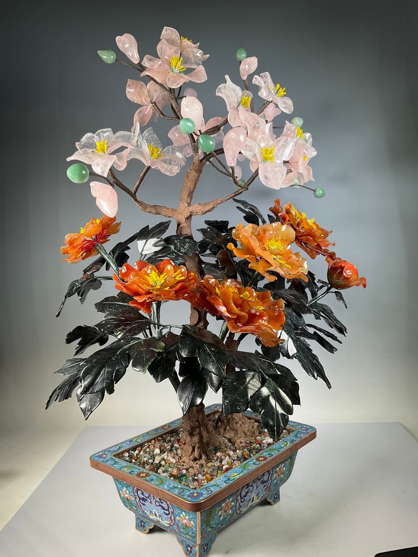 An Exquisite Cloisonne Inlaid Gems Flower Pattern Bonsai - 9