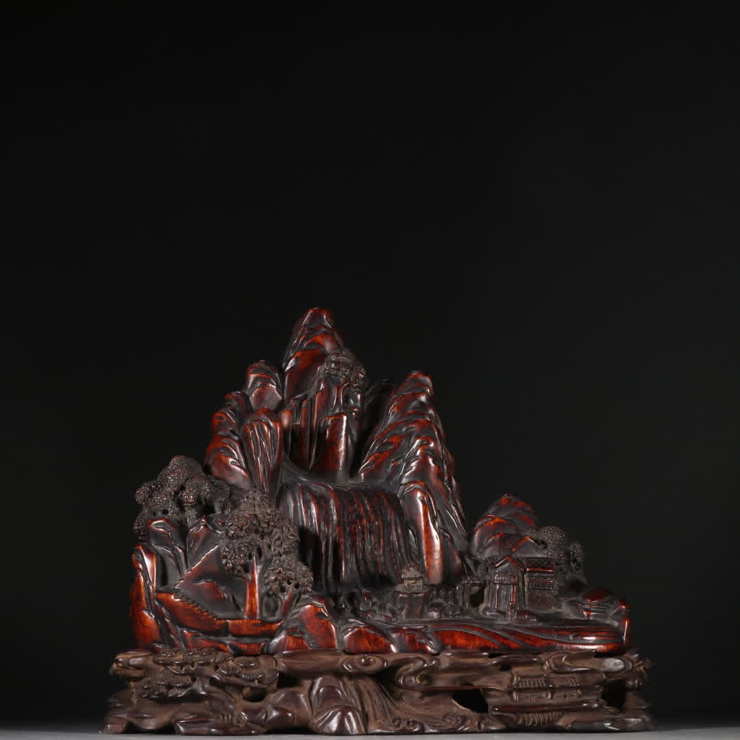 A Qing Dynasty agarwood landscape figure mountain ornament: Qing Dynasty agarwood landscape figure mountain ornament SIZE: H:19.5cm W:22cm W:553.8g (The Dimensions Of All Batches Are Manually Measured.If You Need More Detailed Information, Please Contact Our C