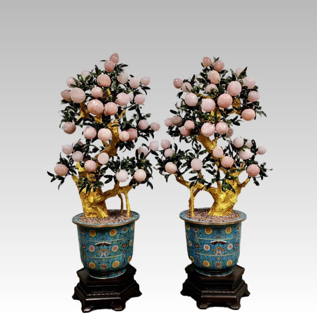 A pair of cloisonné pink crystal longevity peach bonsai from the Qing Dynasty (1 of 5)