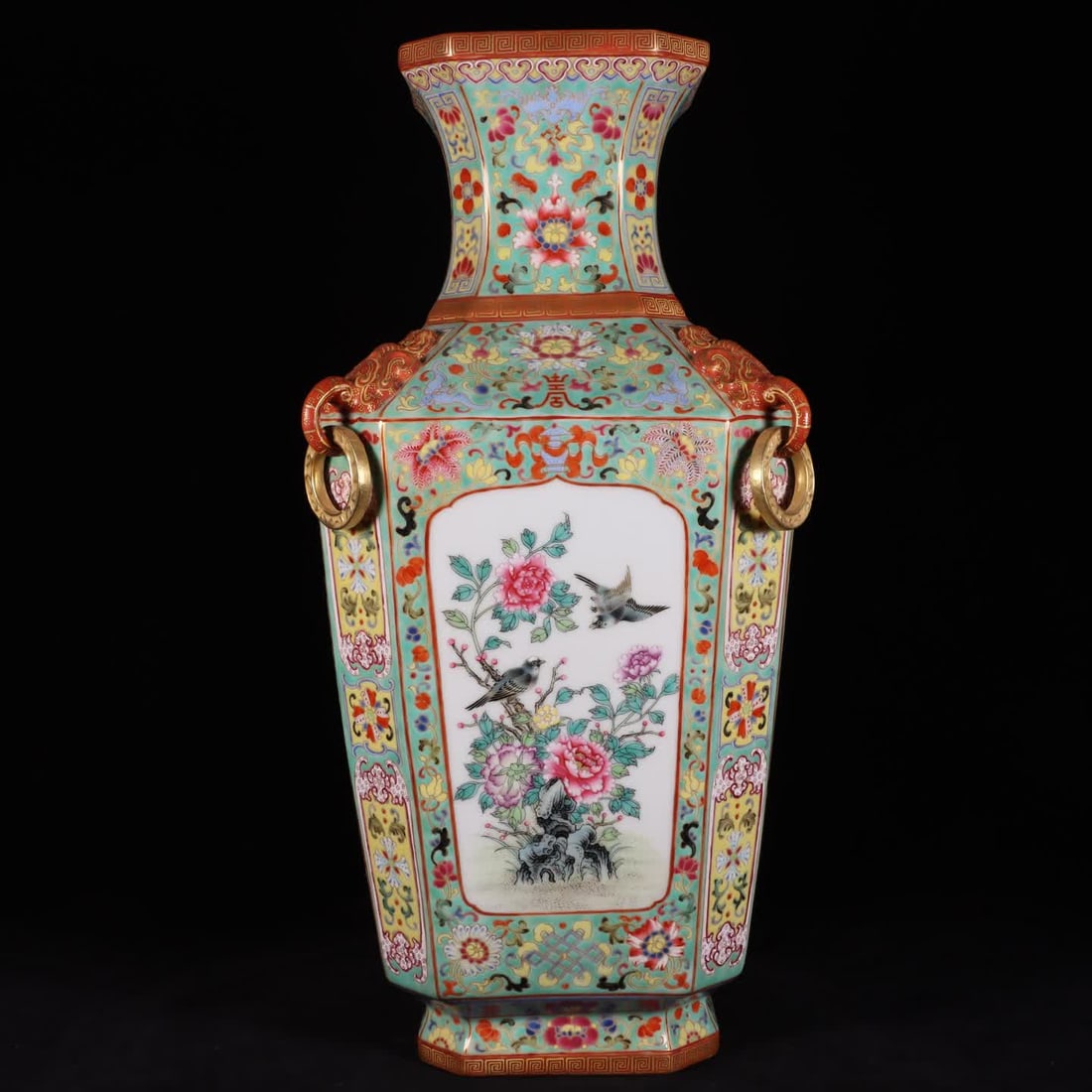 A Qianlong enamel colored gold thread entwined lotus open window flower bird elephant ear square: Qianlong Enamel colored gold thread entwined lotus open window flower bird elephant ear square bottle SIZE: H: 42.8cm mouthD: 13cm Bottom diameter 13cm (The Dimensions Of All Batches Are Manually Meas