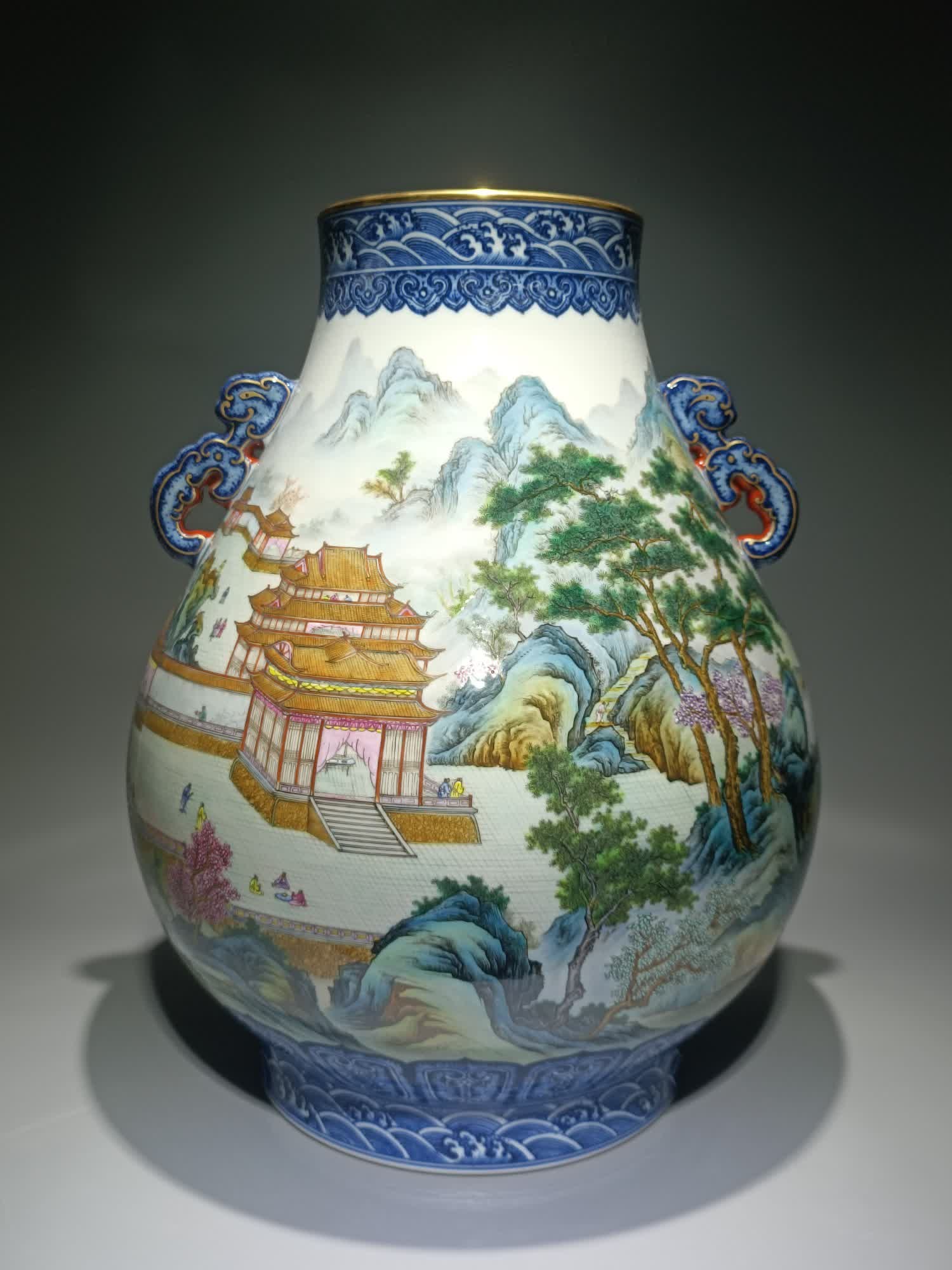 A piece of Qing Qianlong blue powder landscape pavilion poetry bat ear statue: Qing Qianlong style blue flower pink landscape pavilion poetry bat ear pavilion SIZE: H:47cm W:38cm (The Dimensions Of All Batches Are Manually Measured.If You Need More Detailed Information, Please C
