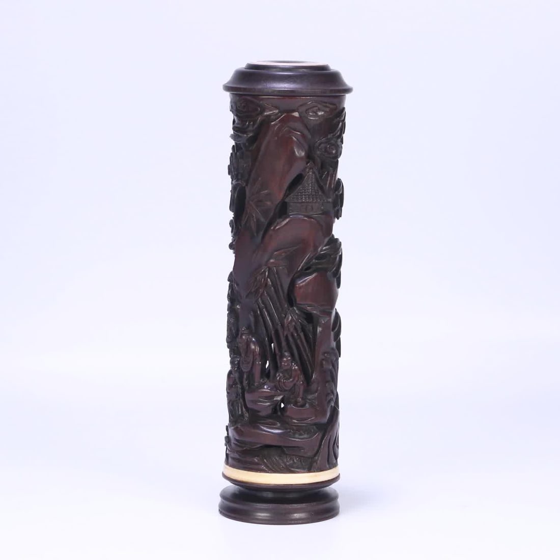 A Qing Dynasty small-leaved rosewood tooth-inlaid figure mountain stone incense tube (1 of 10)