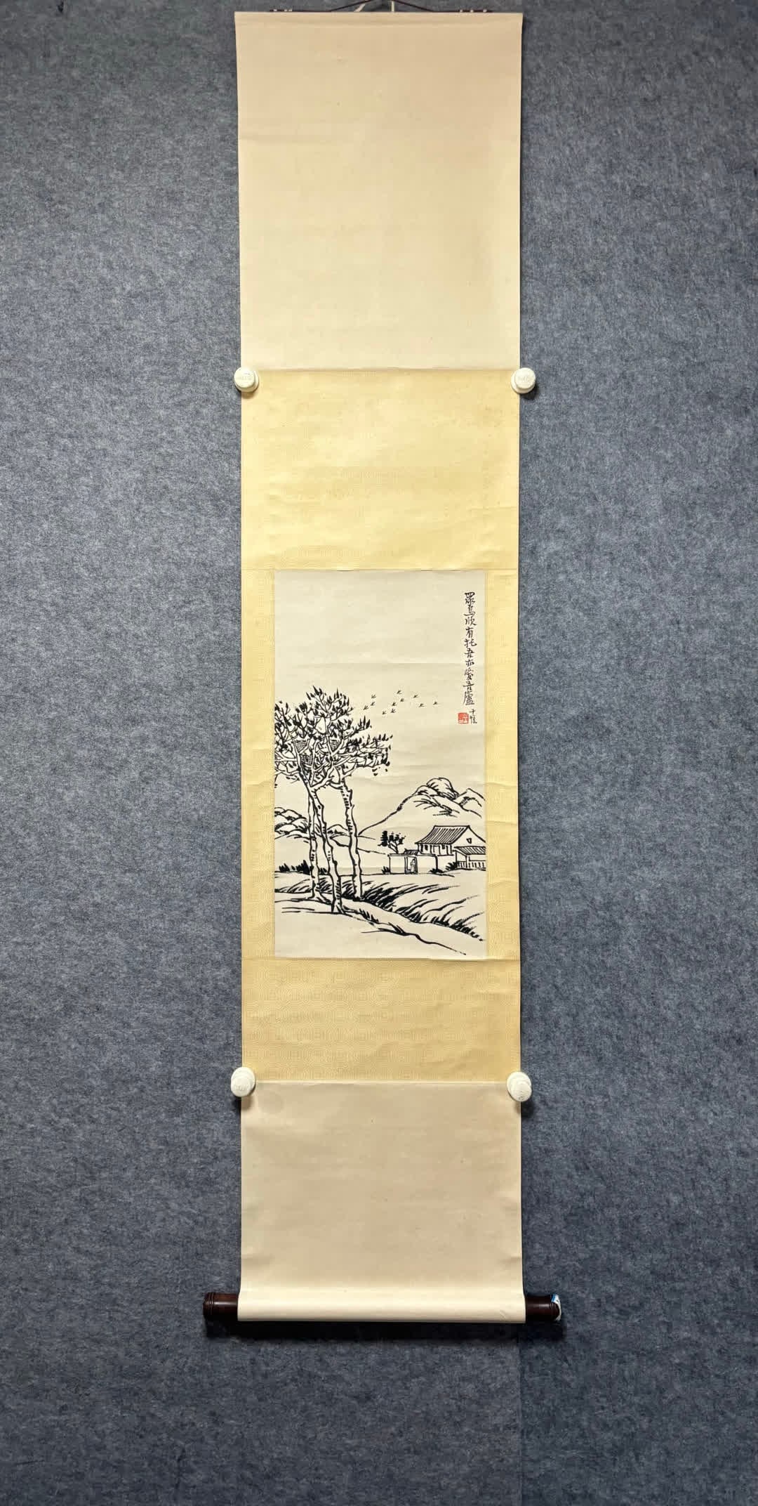 A landscape painting by Feng Zikai: Feng Zikai's landscape paintings SIZE: Painting core55x30cm (The Dimensions Of All Batches Are Manually Measured.If You Need More Detailed Information, Please Contact Our Customer Service Before Biddi