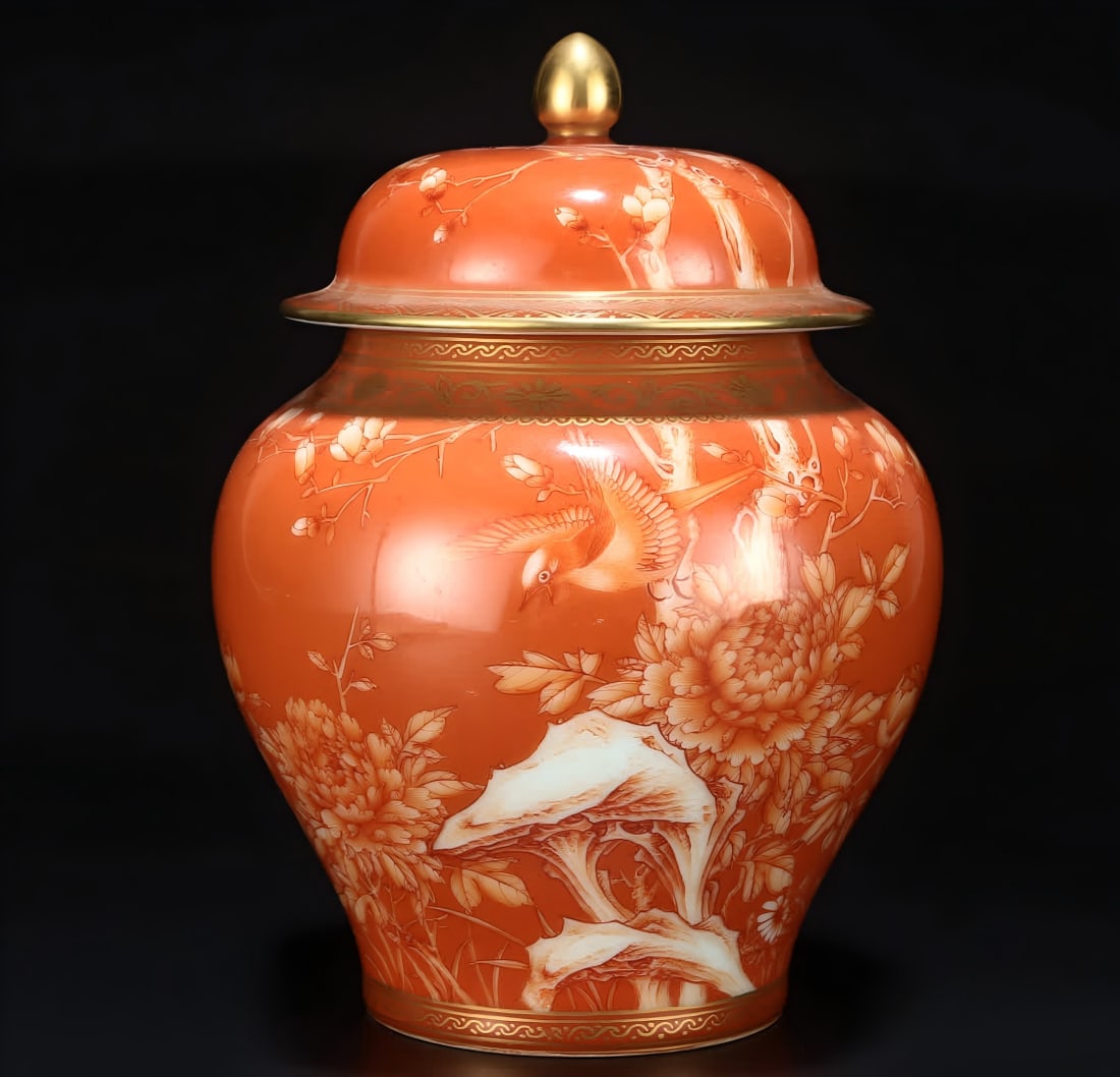 A Qing Dynasty alum red gilded flower and bird pattern lid jar: Qing Dynasty alum red gilded flower and bird pattern lid jar SIZE: H: 21cm Belly diameter 15.5cm (The Dimensions Of All Batches Are Manually Measured.If You Need More Detailed Information, Please Cont