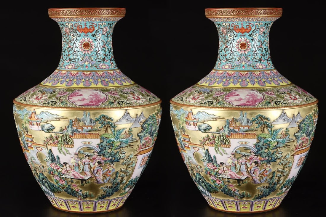 A story of ancient characters in the Qing Dynasty Jindi West Chamber with enamel and gold painting: Qing Dynasty Golden Land West Chamber Enamel Color Painted Ancient Character Stories SIZE: H: 53cm Belly diameter 39cm (The Dimensions Of All Batches Are Manually Measured.If You Need More Detailed In