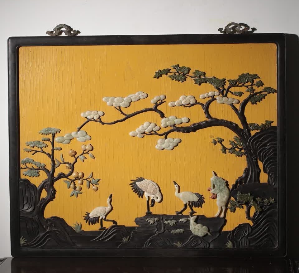A piece of Qing Dynasty wooden lacquerware inlaid with a hundred treasures carved pine crane to (1 of 9)