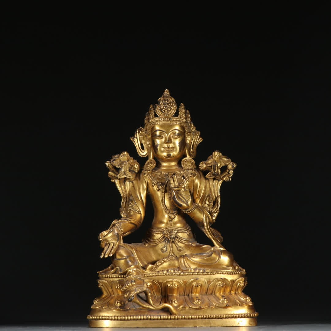 A Qing Dynasty copper-gilt green Tara: Qing Dynasty copper gilt green Tara SIZE: H:18cm W:10.8cm W:1290g (The Dimensions Of All Batches Are Manually Measured.If You Need More Detailed Information, Please Contact Our Customer Service Before