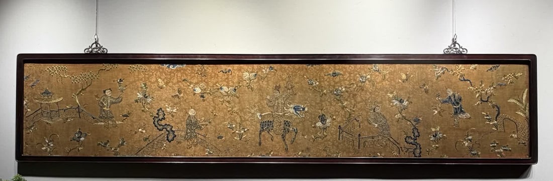 A piece of mid-Qing Dynasty Jindi Su embroidered unicorn to send a son (1 of 8)