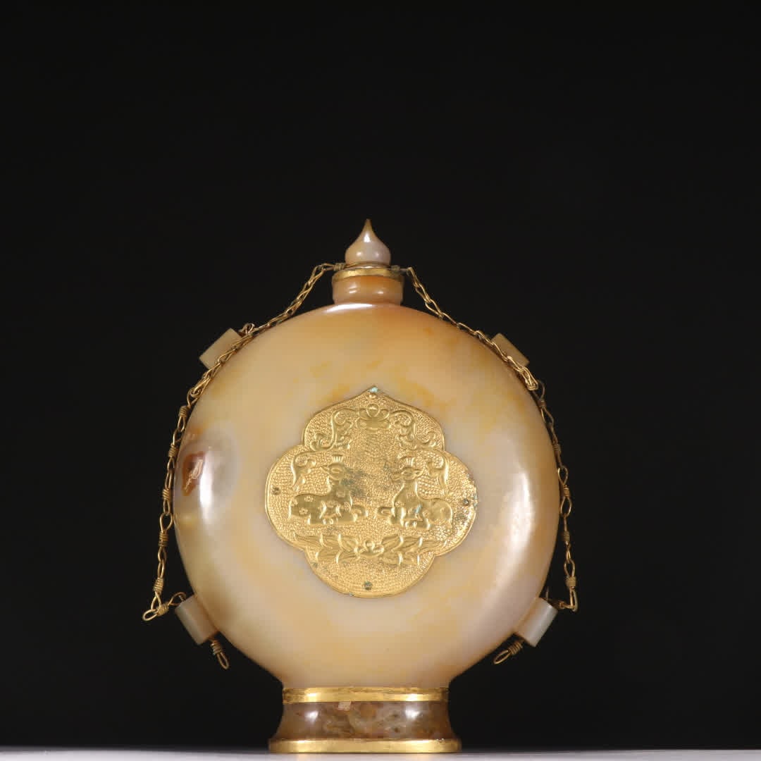 A Liao gold agate gilded flat pot: Liao Jin agate gold-plated flat pot SIZE: H:19.8cm W:13.5cm W:522.5g (The Dimensions Of All Batches Are Manually Measured.If You Need More Detailed Information, Please Contact Our Customer Service Bef