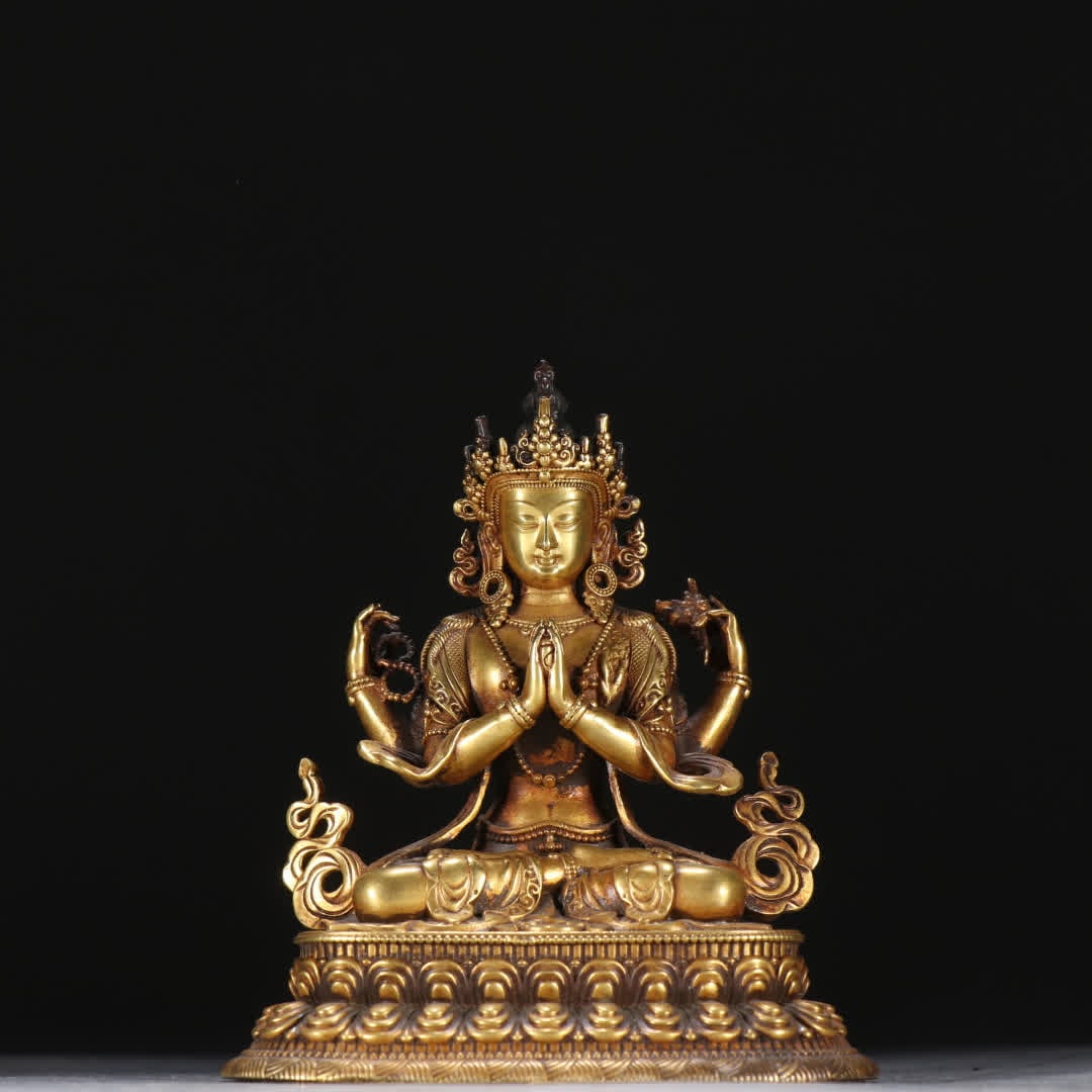 A Qing Dynasty bronze gilt four-armed Guanyin statue: Qing Dynasty copper gilt four-armed Guanyin statue SIZE: H:10cm W:8.6cm W:550g (The Dimensions Of All Batches Are Manually Measured.If You Need More Detailed Information, Please Contact Our Customer S