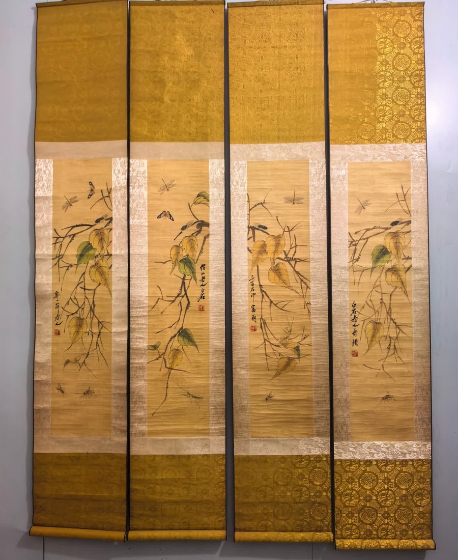 A picture of four screen paintings of Qi Baishi grass insects (1 of 9)