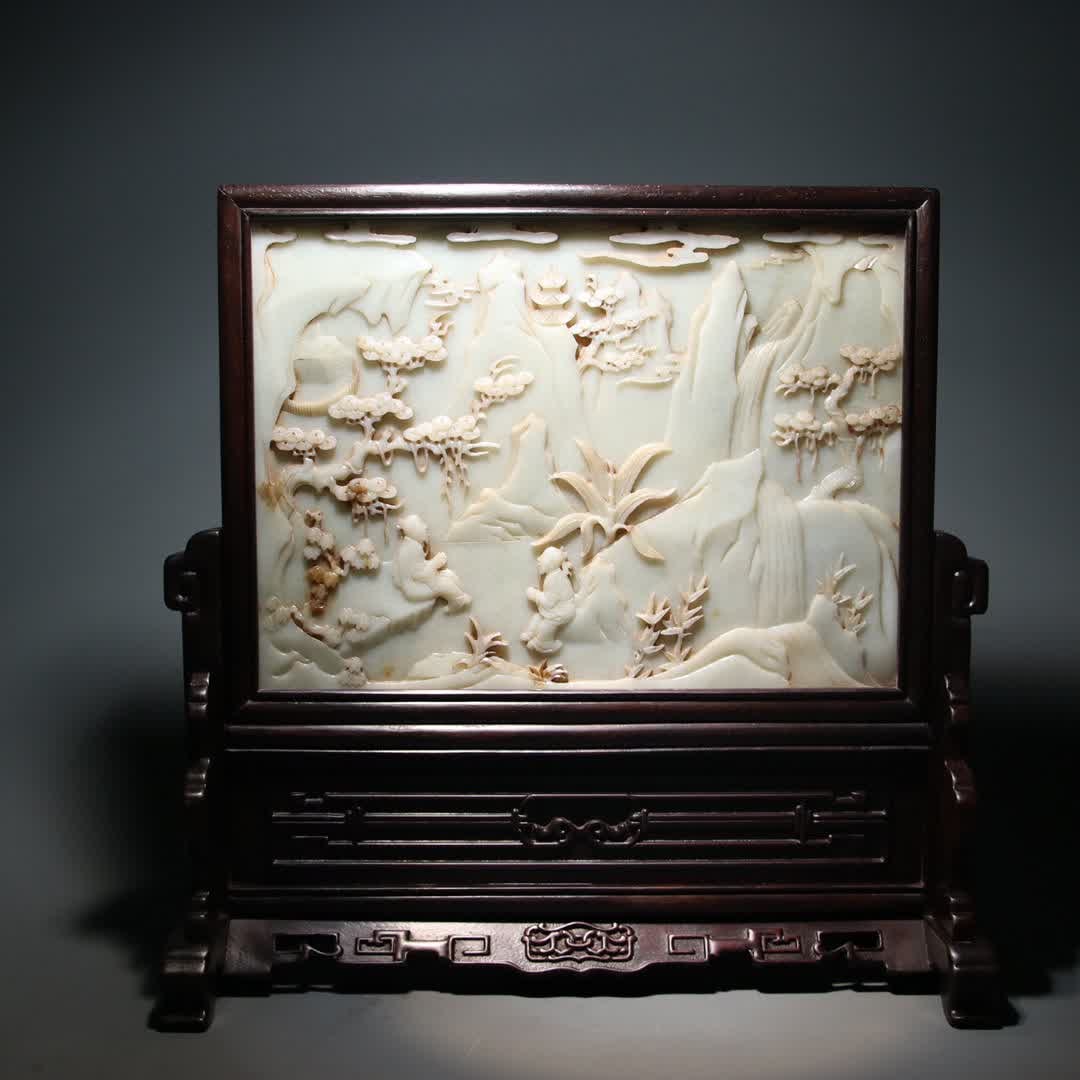 A Qing Dynasty Hetian jade character story interlude: Qing Dynasty Hetian jade character story interlude SIZE: L:32.5cm W:11.3cm H:31cm W:1723g (The Dimensions Of All Batches Are Manually Measured.If You Need More Detailed Information, Please Contact Our