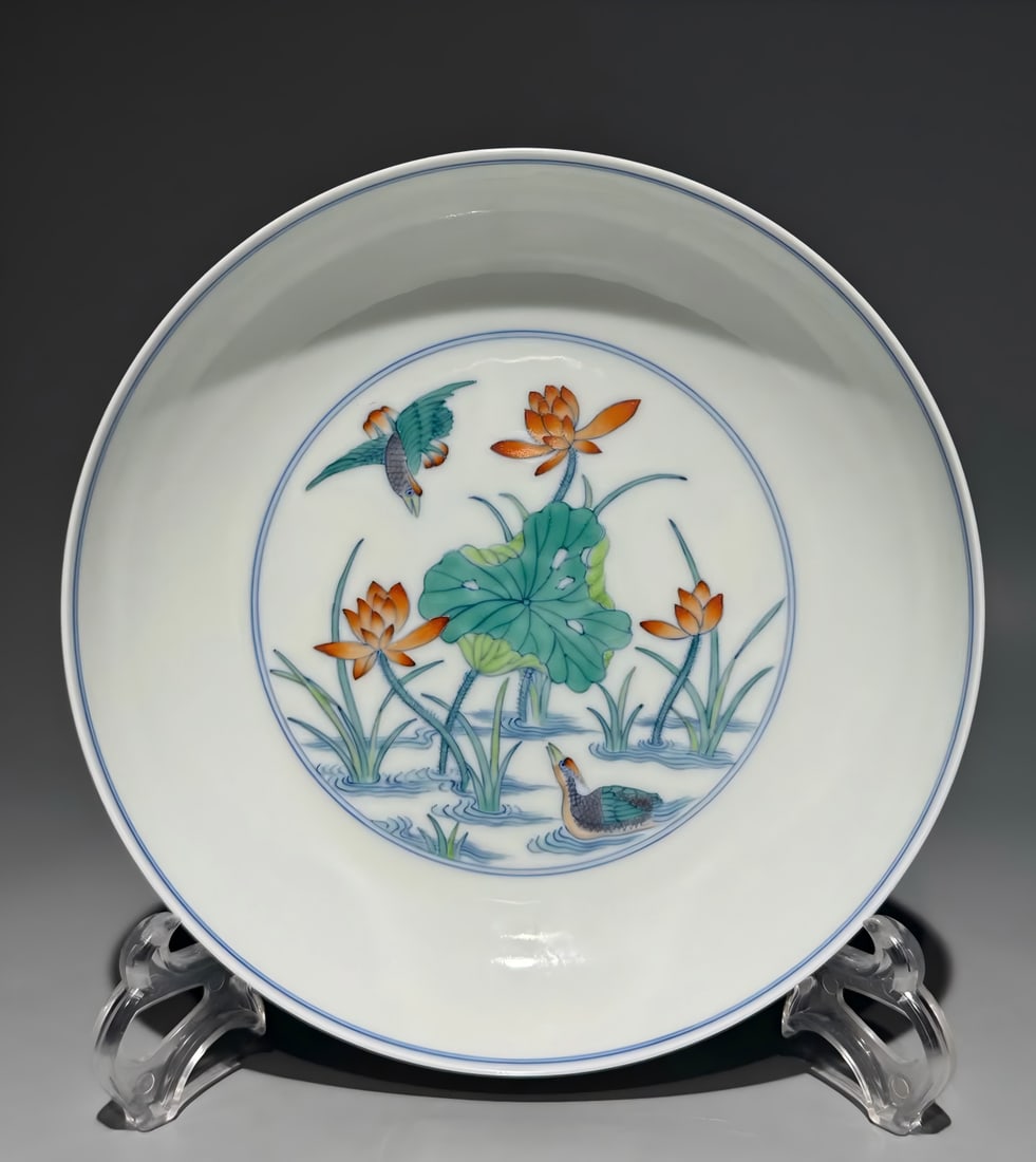 A Qing Dynasty Yongzheng Doucai lotus pond love picture appreciation plate: Qing Dynasty Yongzheng Doucai lotus pond love picture appreciation plate SIZE: H:3.9cm D:18.5cm (The Dimensions Of All Batches Are Manually Measured.If You Need More Detailed Information, Please
