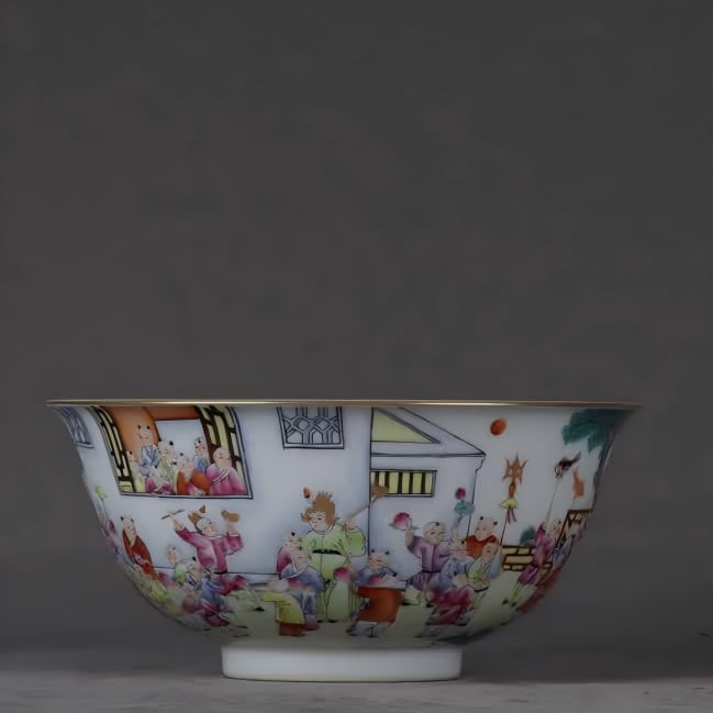 A Qing Dynasty Jiaqing pastel hundred children bowl: Qing Dynasty Jiaqing pastel hundred children bowl SIZE: H:7cm D:15cm (The Dimensions Of All Batches Are Manually Measured.If You Need More Detailed Information, Please Contact Our Customer Service
