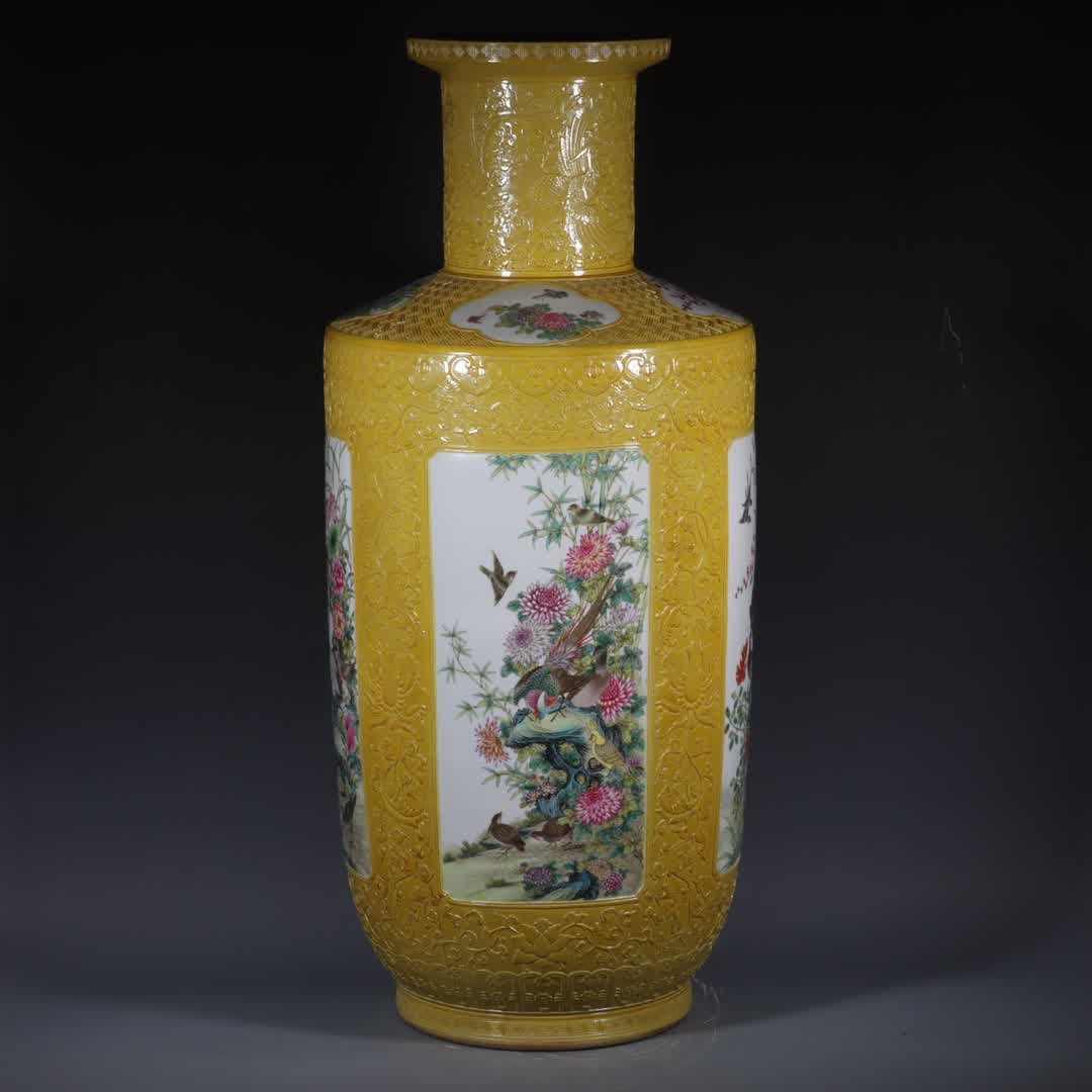 A yellow glaze carved window painting bird mallet bottle made in the Qianlong period of the Qing: Qianlong year of the Qing Dynasty yellow glaze carved window painting bird stick mallet bottle SIZE: H: 90cm Belly diameter 40cm MouthD: 23cm (The Dimensions Of All Batches Are Manually Measured.If Yo