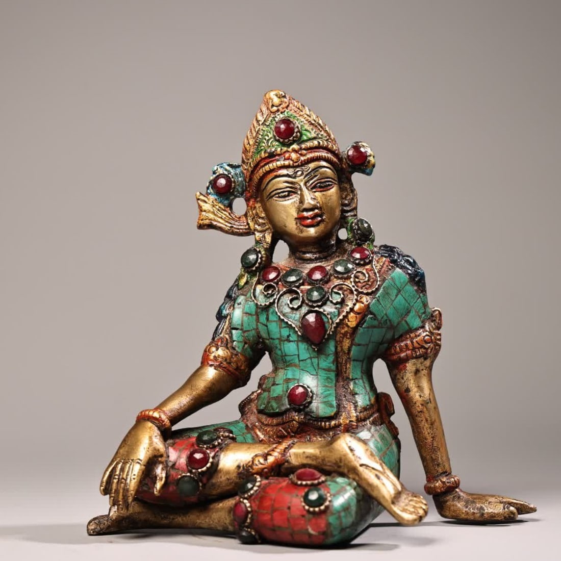 A Qing Dynasty Tibetan inlaid gemstone painted Tibetan Baidu Mother Buddha statue (1 of 10)
