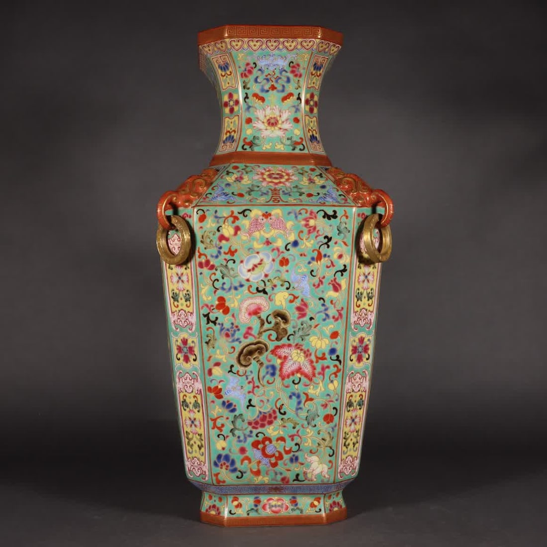 A Qianlong year model enamel colored gold thread entwined lotus elephant ear square bottle: Qianlong year made enamel colored gold thread entwined lotus elephant ear square bottle SIZE: H: 42.8cm MouthD: 13cm Bottom diameter 13cm (The Dimensions Of All Batches Are Manually Measured.If You Ne