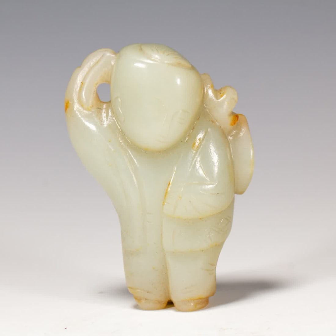 A Qing Dynasty Hetian jade boy: Qing Dynasty Hetian jade boy SIZE: L:4cm W:2cm H:5.8cm W:50g (The Dimensions Of All Batches Are Manually Measured.If You Need More Detailed Information, Please Contact Our Customer Service Before Bidd