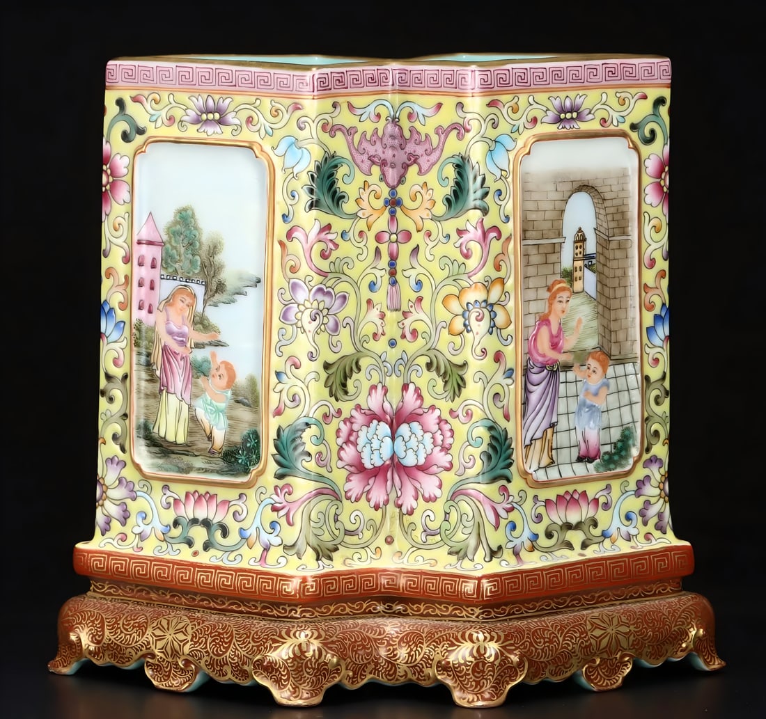 A Qing Dynasty enamel colorful yellow ground window Western figure octagonal four-sided pen holder: Qing Dynasty enamel yellow ground window Western figures octagonal four-sided pen holder SIZE: H:12cm W:15cm (The Dimensions Of All Batches Are Manually Measured.If You Need More Detailed Information,