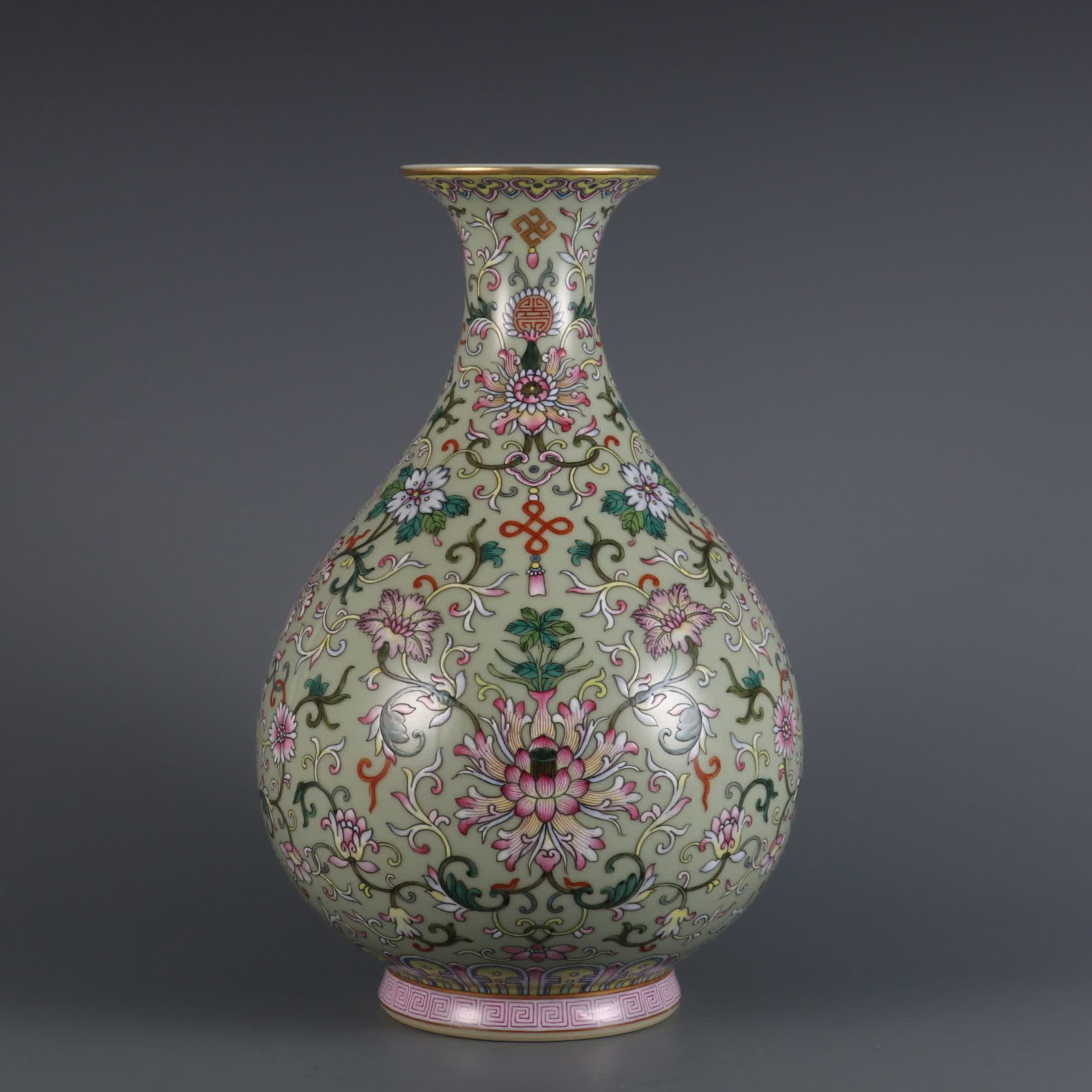 A Qing Dynasty Qianlong bean blue glaze with pastel passionflower pattern jade pot spring vase (1 of 9)