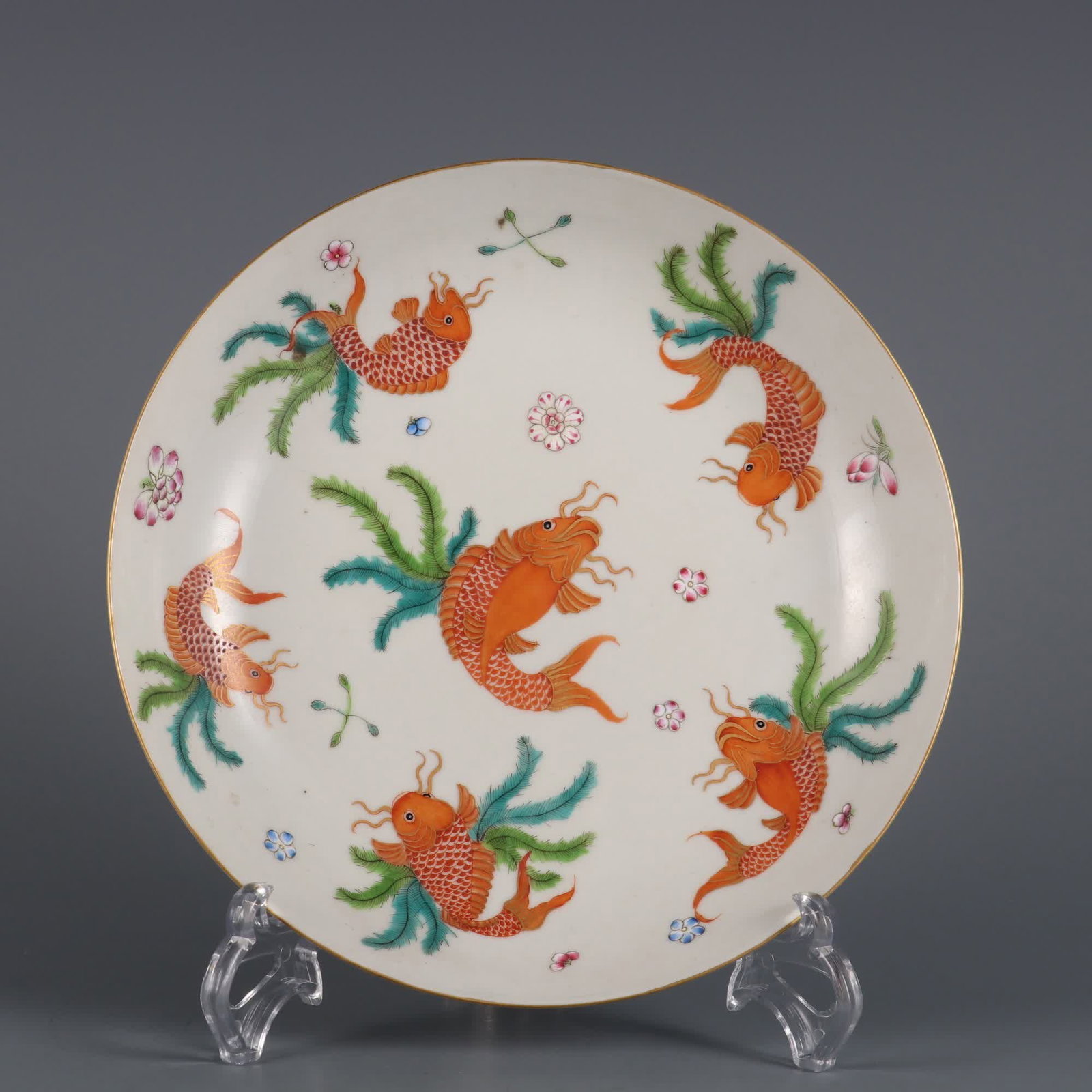 A pastel goldfish algae pattern appreciation plate made in the Guangxu Year of the Qing Dynasty: Qing Dynasty Guangxu year pastel goldfish algae pattern appreciation plate SIZE: H:4.2cm MouthD:20.7cm (The Dimensions Of All Batches Are Manually Measured.If You Need More Detailed Information, Pleas