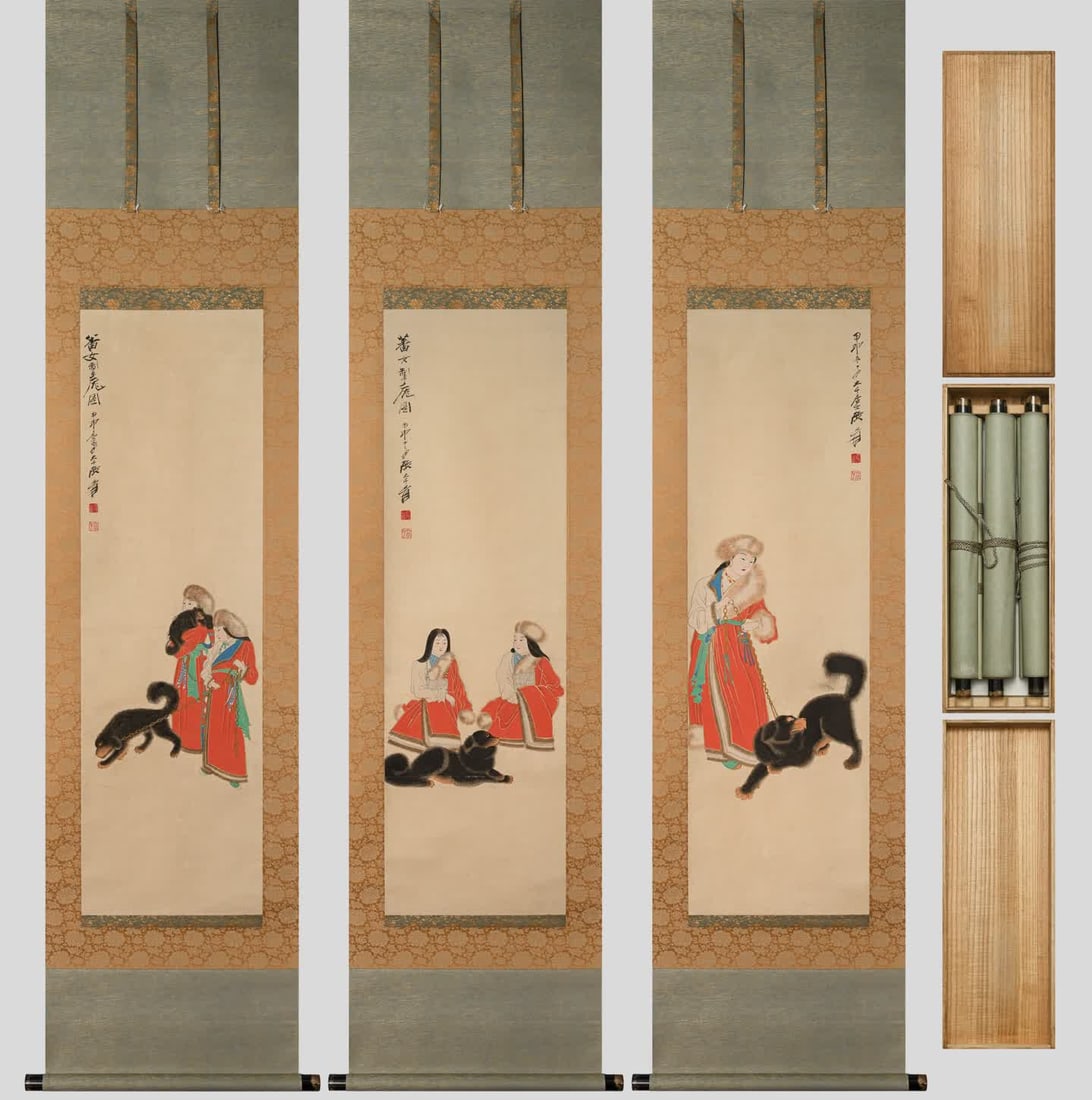 A figure painting by Zhang Daqian with three screens: Zhang Daqian's figure painting three screens SIZE: 130x40cm x3 (The Dimensions Of All Batches Are Manually Measured.If You Need More Detailed Information, Please Contact Our Customer Service Before Bi