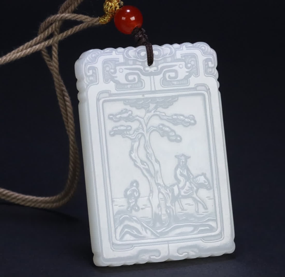 A Qing Dynasty Hetian mutton fat jade character story sub-post plaque: Qing Dynasty Hetian mutton fat jade character story sub-post SIZE: 6.08x4.10x0.7cm W:51g (The Dimensions Of All Batches Are Manually Measured.If You Need More Detailed Information, Please Contact Our 