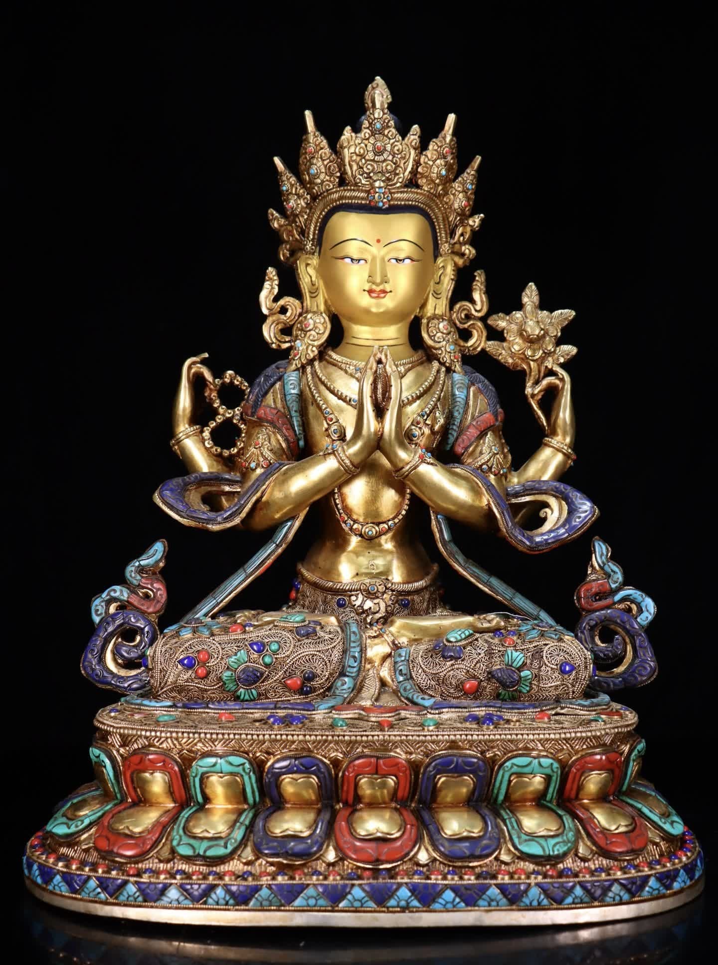 A Qing Dynasty copper gilt cloisonné inlaid with gemstones and four arms of Guanyin: Qing Dynasty copper gilt cloisonné inlaid with gemstones Guanyin SIZE: H:47cm W:36cm (The Dimensions Of All Batches Are Manually Measured.If You Need More Detailed Information, Please Contact Our Cus