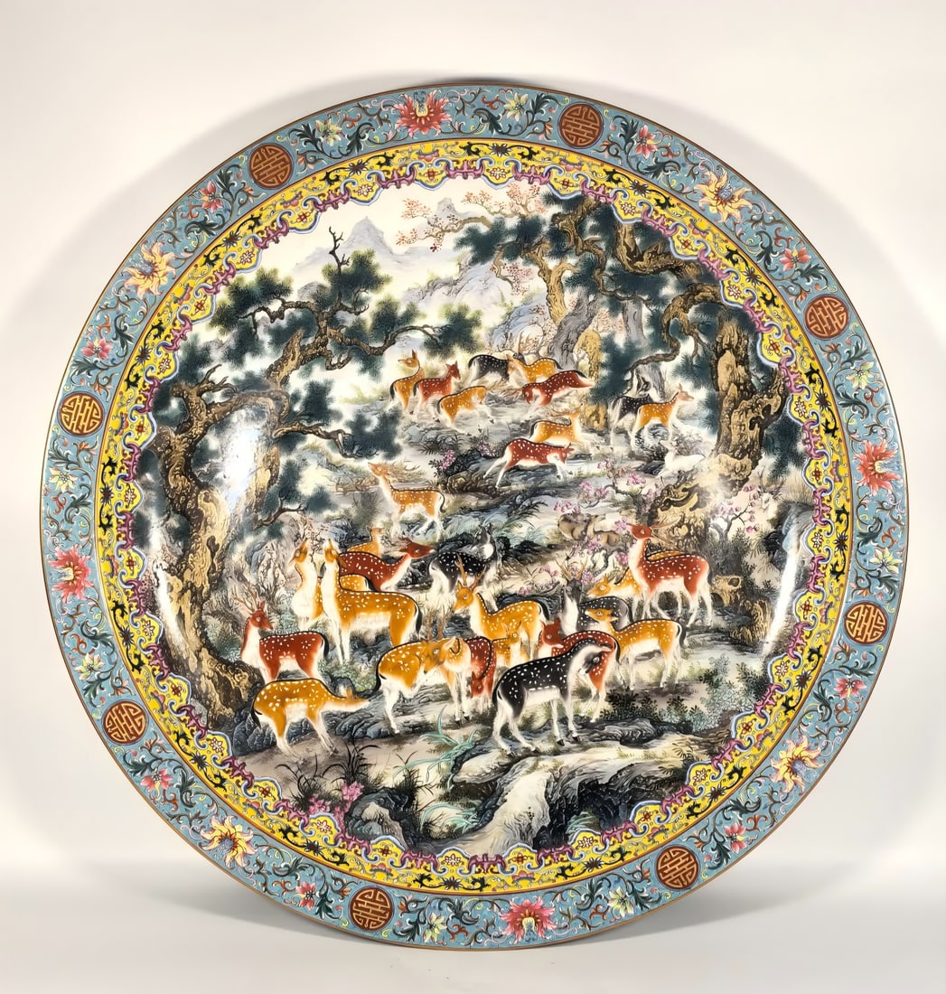 A Qing Dynasty Qianlong enamel color hundred deer plate: Qing Dynasty Qianlong enamel color hundred deer plate SIZE: H:10cm MouthD:70cm Foot diameter 45cm (The Dimensions Of All Batches Are Manually Measured.If You Need More Detailed Information, Please Con