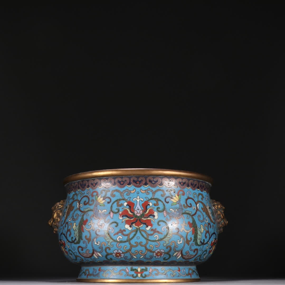A Qing Dynasty copper gilt cloisonné entwined lotus pattern double animal ear incense burner: Qing Dynasty copper gilt cloisonné entwined lotus pattern double animal ear incense burner SIZE: H:10.6cm W:21cm W:1195.3g (The Dimensions Of All Batches Are Manually Measured.If You Need More Detail