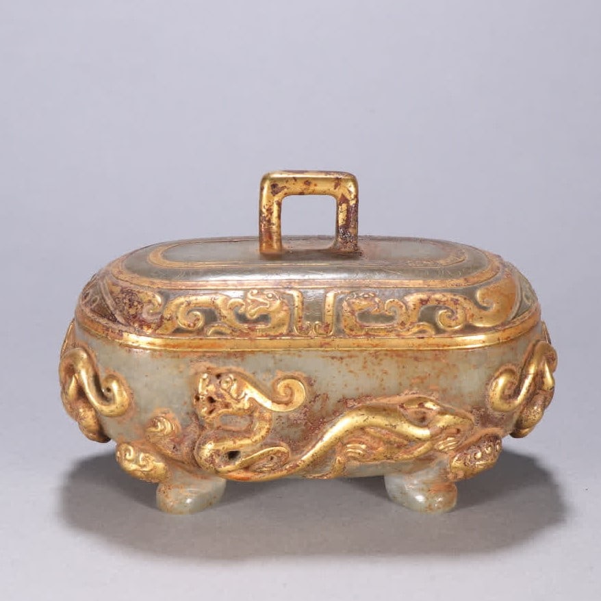 A Qing Dynasty Hetian jade bag silver gilt dragon pattern lid box: Qing Dynasty Hetian jade bag silver gilt dragon pattern lid box SIZE: H:7.7cm W:12cm W:243.6g (The Dimensions Of All Batches Are Manually Measured.If You Need More Detailed Information, Please Contact