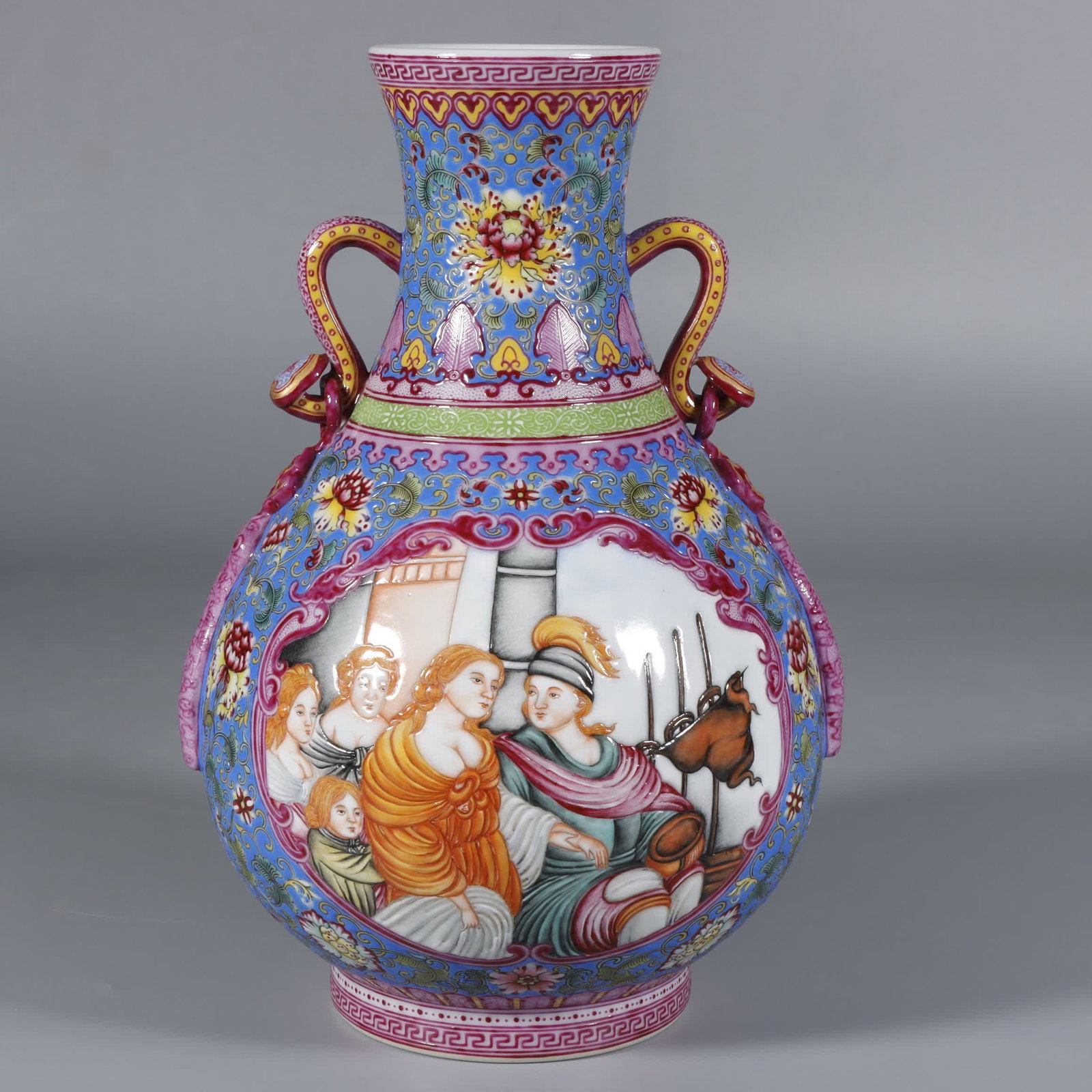 A piece made in the Qianlong era, enamel color, entwined lotus, floral pattern, window opening: Qianlong year model, enamel color, entwined lotus, floral pattern, open window, Western character story picture, ruyi binaural SIZE: H: 22cm MouthD: 6.3cm Bottom diameter 8.3cm (The Dimensions Of All 