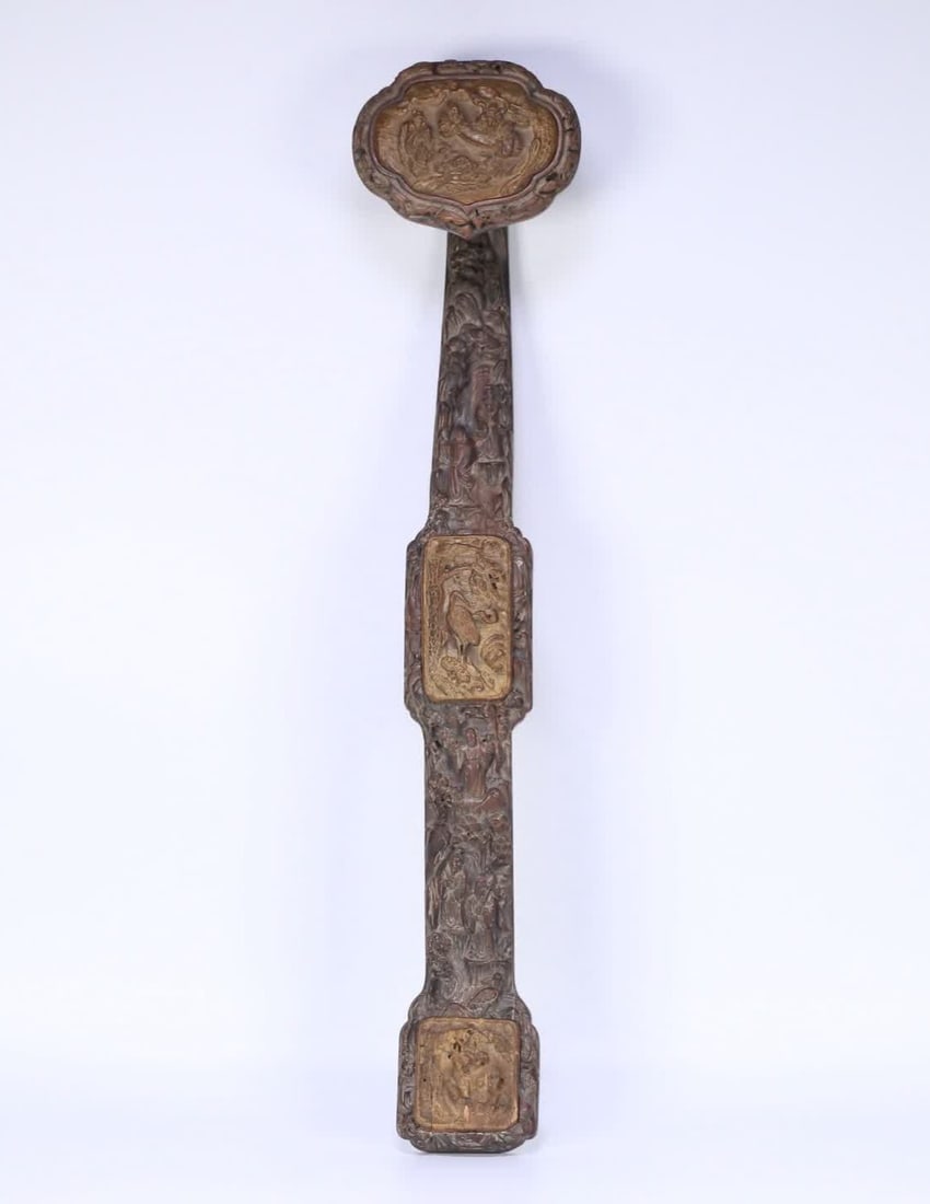 A Qing Dynasty old rosewood inlaid agarwood Fu Lu Shou Eight Immortals Ruyi ornament: Qing Dynasty old rosewood inlaid agarwood Fu Lu Shou Eight Immortals ruyi ornament SIZE: 47.6x10x8cm W:390g (The Dimensions Of All Batches Are Manually Measured.If You Need More Detailed Information, 