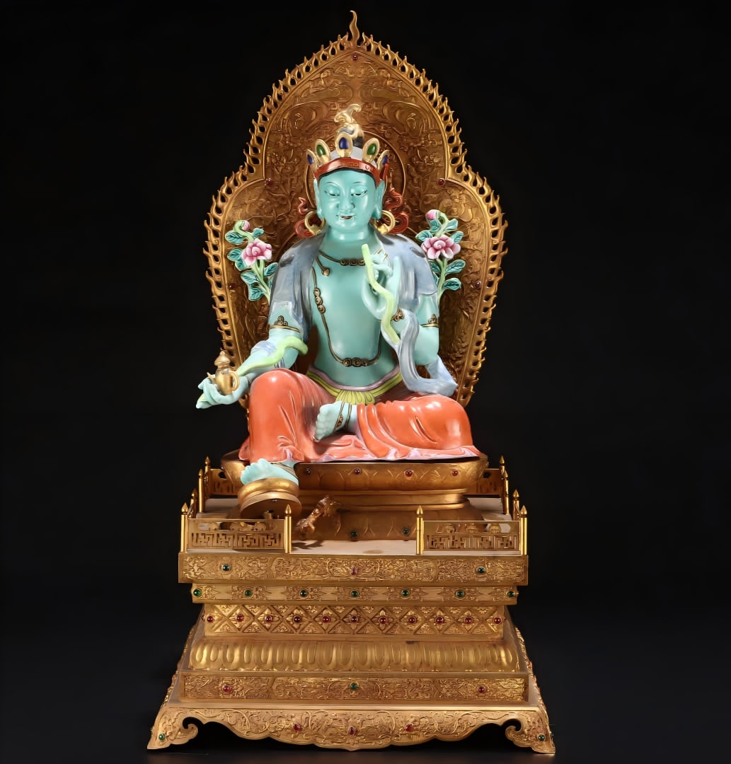A Qing Dynasty bronze gilt base porcelain sculpture enamel color Buddha statue: Qing Dynasty bronze gilt base porcelain sculpture enamel color Buddha statue SIZE: H:63cm W:34cm (The Dimensions Of All Batches Are Manually Measured.If You Need More Detailed Information, Please Cont