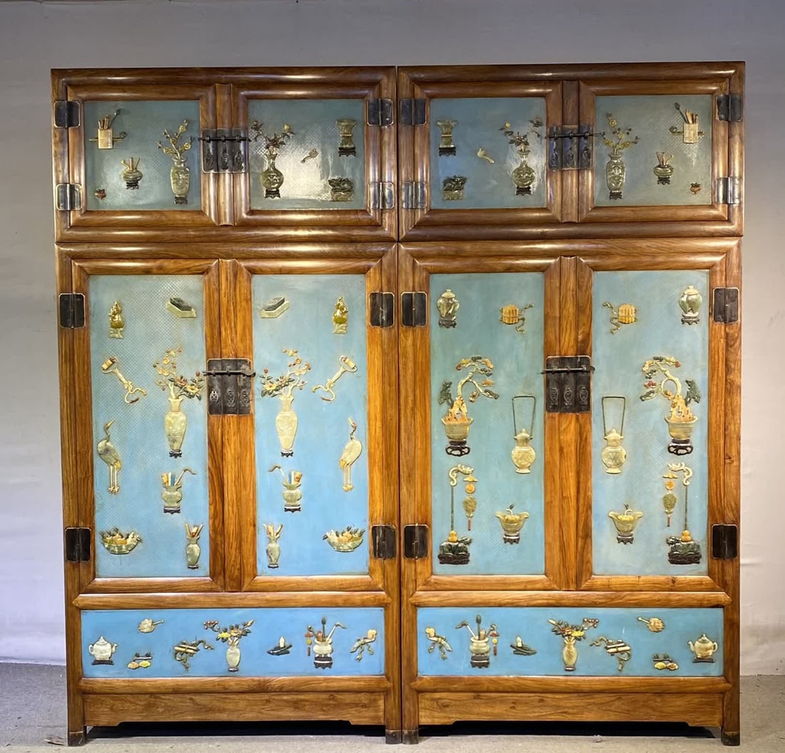 A pair of Qing Dynasty Huanghuali jade cabinets: Qing Dynasty Huanghuali jade cabinet SIZE: L:240cm W:58cm H:240cm (The Dimensions Of All Batches Are Manually Measured.If You Need More Detailed Information, Please Contact Our Customer Service Before