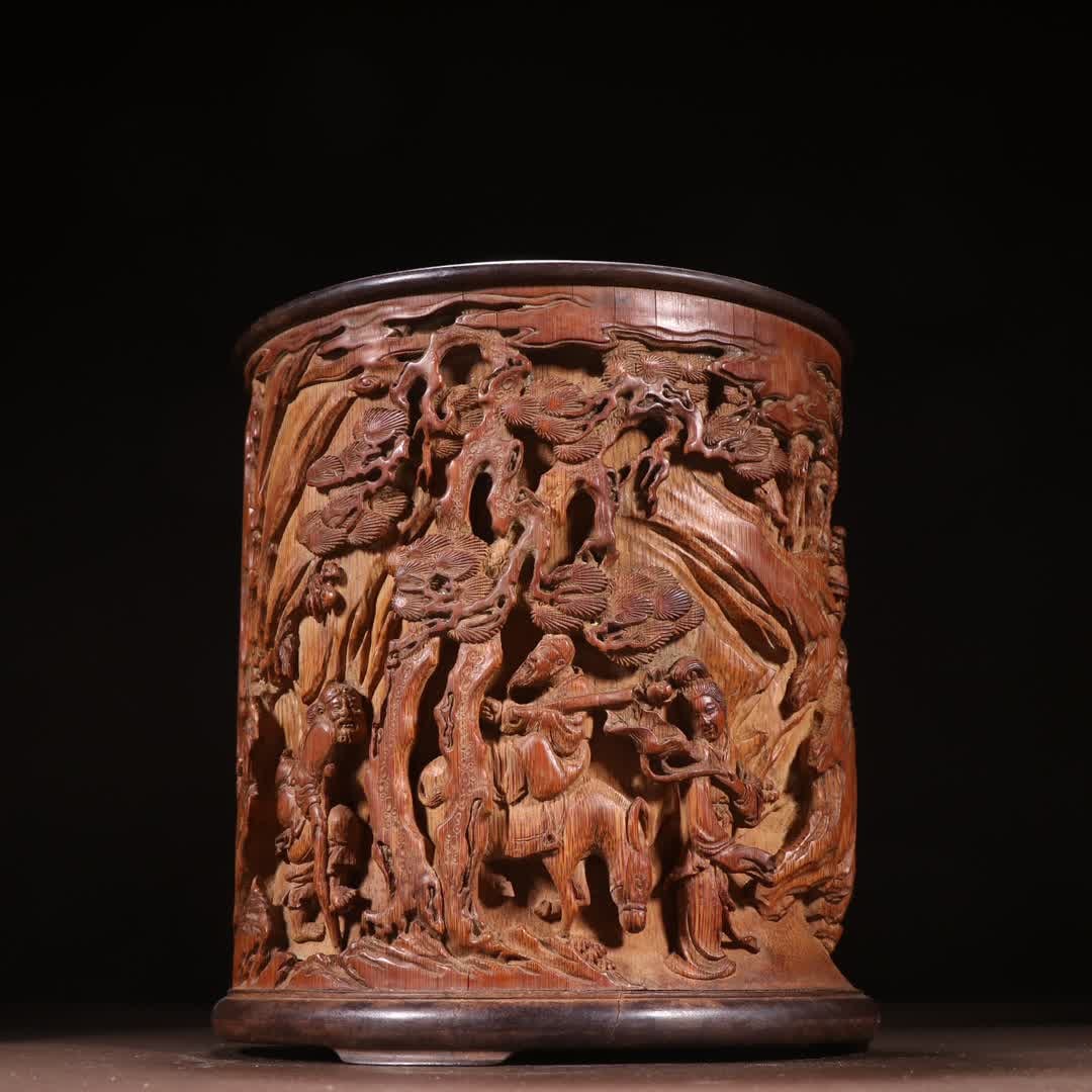A Qing Dynasty bamboo carving Eight Immortals Picture Pen holder: In the Qing Dynasty, it was a good bamboo carving of the Eight Immortals pen holder SIZE: H:16.3cm W:14.7cm (The Dimensions Of All Batches Are Manually Measured.If You Need More Detailed Information,