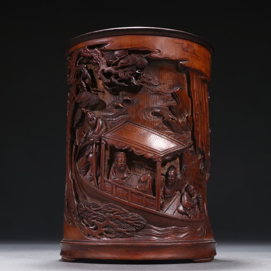 A Qing Dynasty bamboo carving crossing the river picture pen holder: Qing Dynasty bamboo carving crossing the river picture pen holder SIZE: H:16cm W:13.5cm (The Dimensions Of All Batches Are Manually Measured.If You Need More Detailed Information, Please Contact Our C