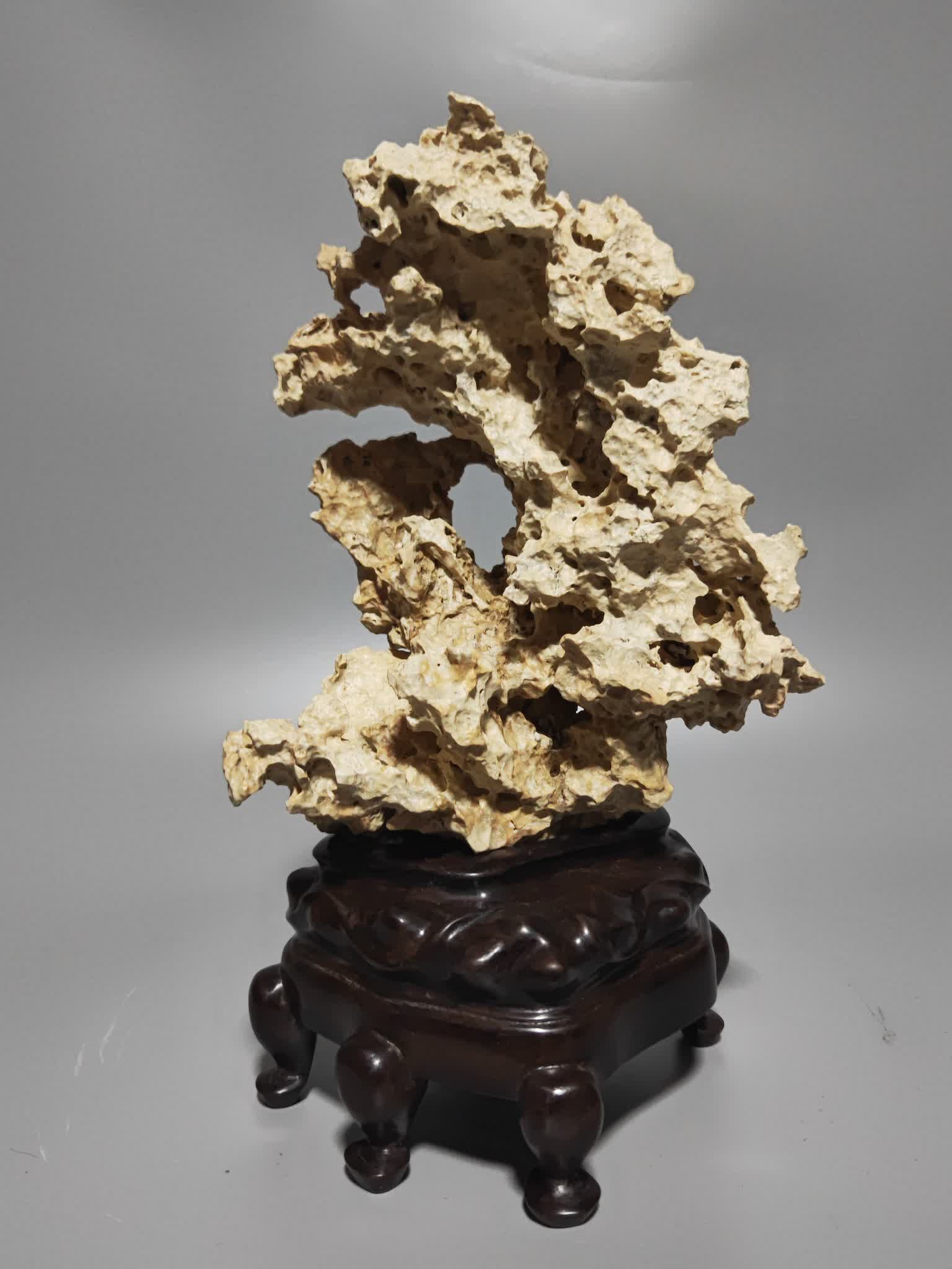 A Qing Dynasty Taihu Lake stone study ornament: Qing Dynasty Taihu Lake stone study ornaments SIZE: With base H: 37cm W: 22cm T: 18cm W: 4.1kg (The Dimensions Of All Batches Are Manually Measured.If You Need More Detailed Information, Please Contac