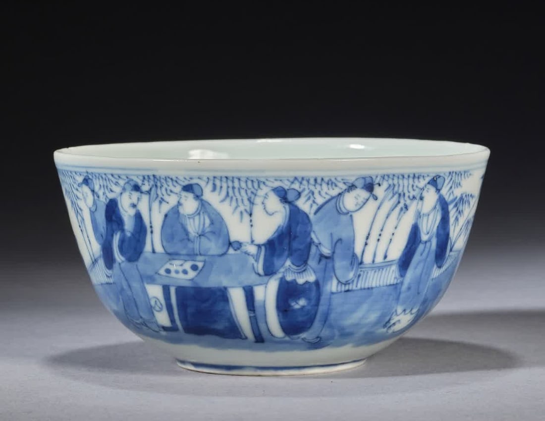 A Qing Dynasty blue and white figure bowl: Qing Dynasty blue and white figure bowl SIZE: H: 5.5cm MouthD: 11cm Bottom diameter 5cm (The Dimensions Of All Batches Are Manually Measured.If You Need More Detailed Information, Please Contact Our C