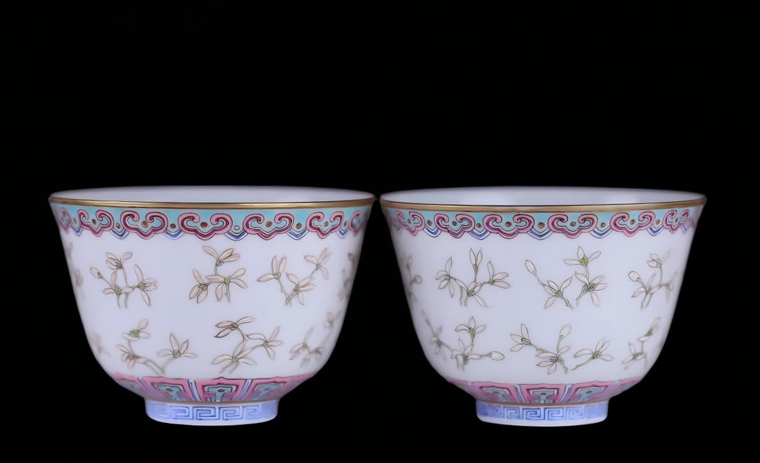 A pair of Qing Dynasty Xianfeng pastel orchid cups: A pair of pastel orchid pattern cups in the Qing Dynasty Xianfeng model SIZE: H:6.0cm MouthD:9.3cm (The Dimensions Of All Batches Are Manually Measured.If You Need More Detailed Information, Please Co