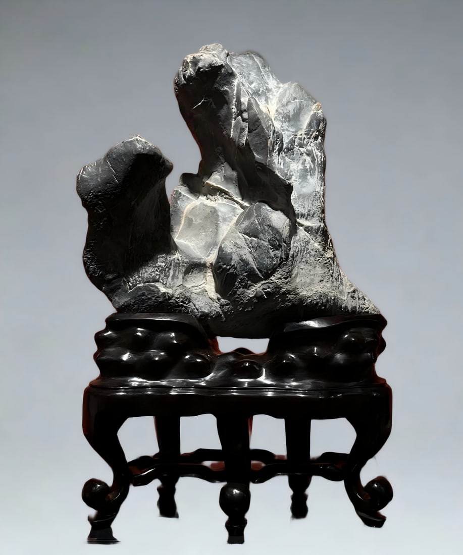 A Qing Dynasty Lingbi stone study house mountain ornament: Qing Dynasty Lingbi stone study room mountain ornament SIZE: H:42cm W:26cm T:16cm (The Dimensions Of All Batches Are Manually Measured.If You Need More Detailed Information, Please Contact Our Custome