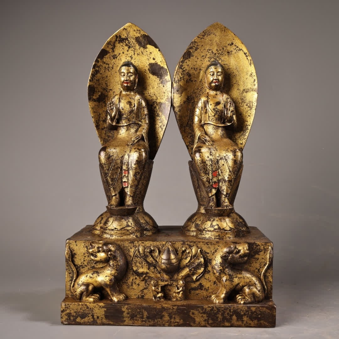 A Qing Dynasty high-relief engraving of a double-seated Buddha statue in mud gold (1 of 11)