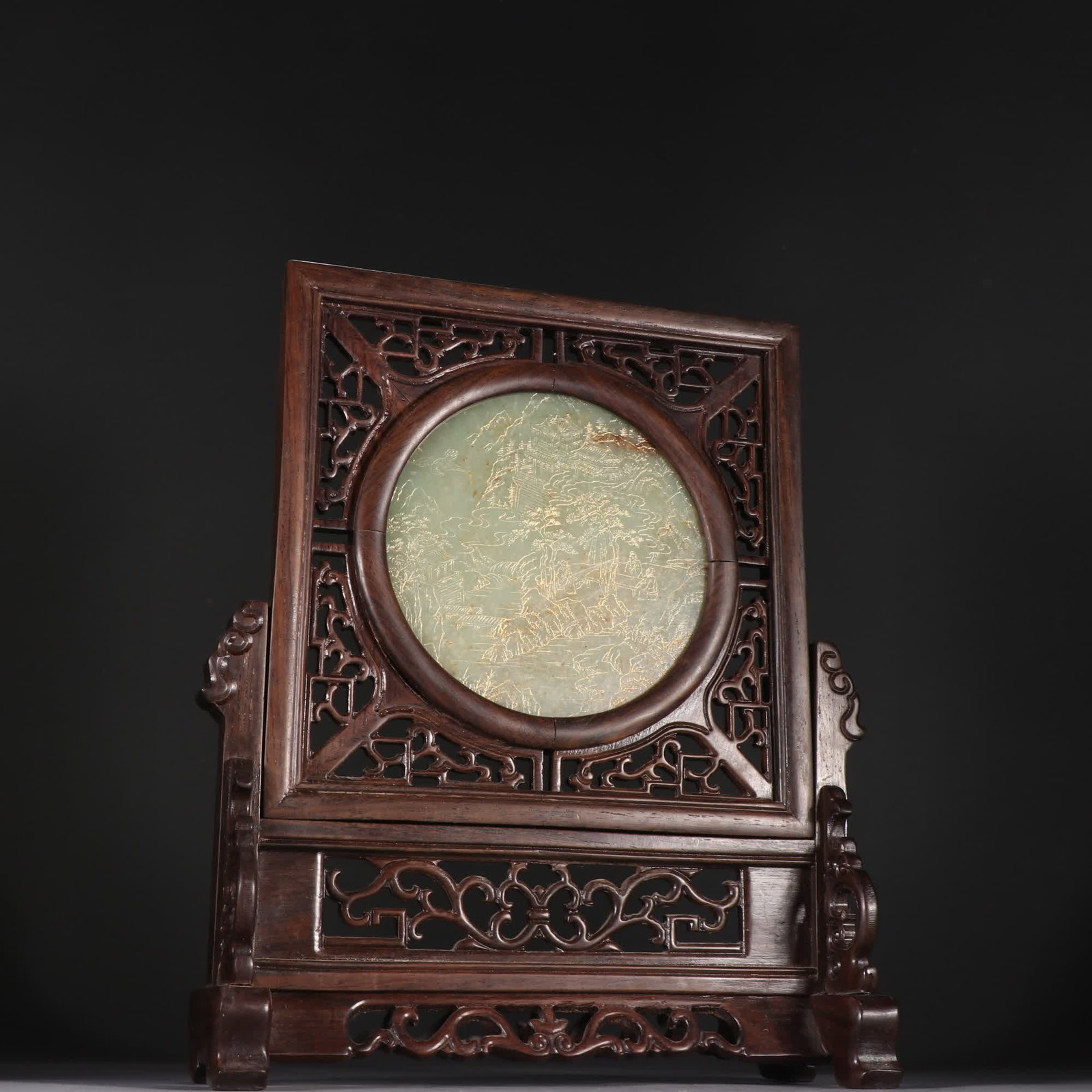 A Qing Dynasty Hetian jade gilded landscape poem insert: Qing Dynasty Hetian jade gilded landscape poetry insert SIZE: H:26.8cm W:21.5cm W:700.4g (The Dimensions Of All Batches Are Manually Measured.If You Need More Detailed Information, Please Contact Our 